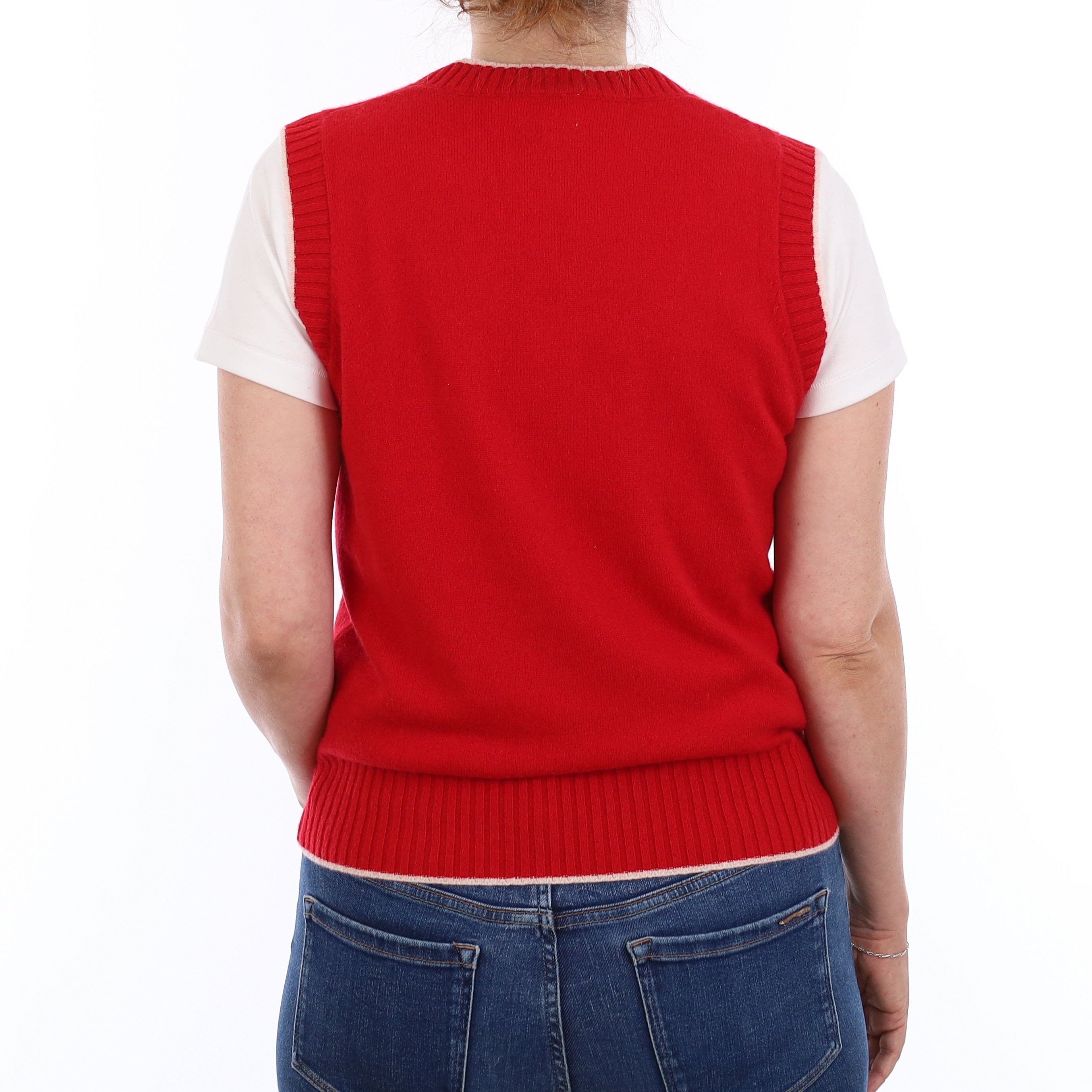 Brand New Post Box Red and Chalk Luxury Cashmere V Neck Tank Top Small UK 8-10