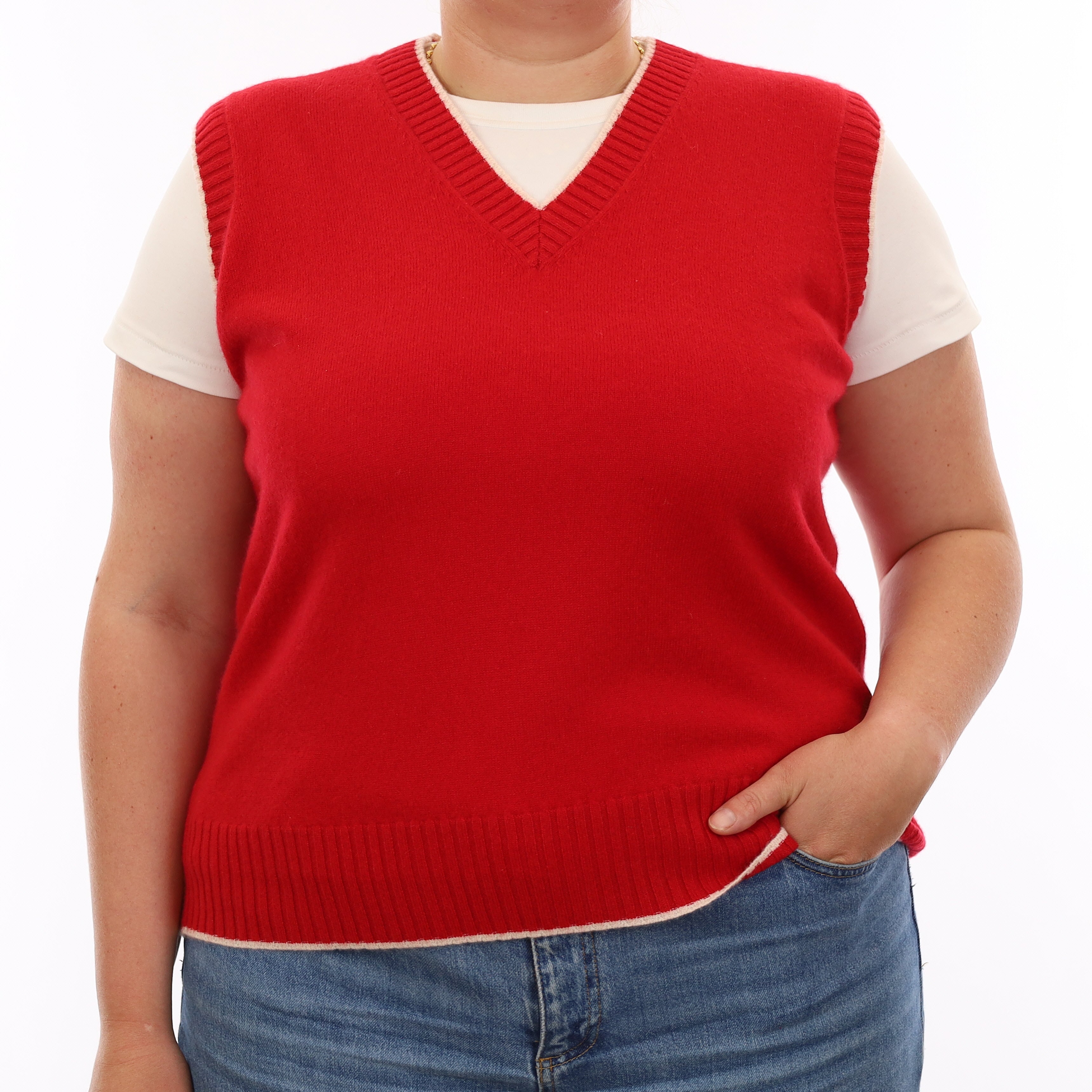 Brand New Post Box Red and Chalk Luxury Cashmere V Neck Tank Top Large UK 16-18