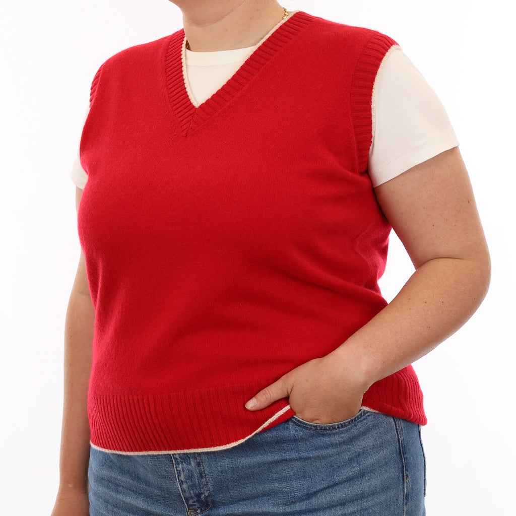 Brand New Post Box Red and Chalk Luxury Cashmere V Neck Tank Top Large UK 16-18
