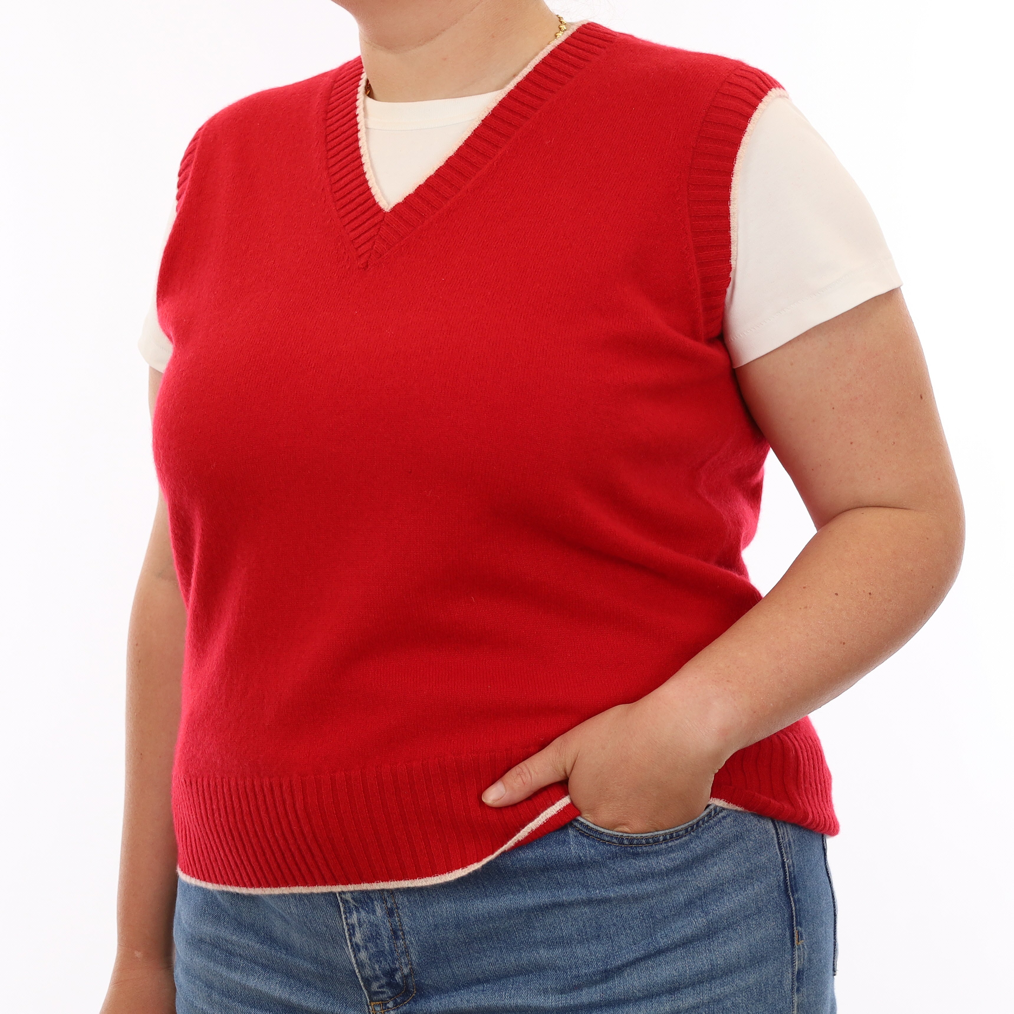 Brand New Post Box Red and Chalk Luxury Cashmere V Neck Tank Top Large UK 16-18