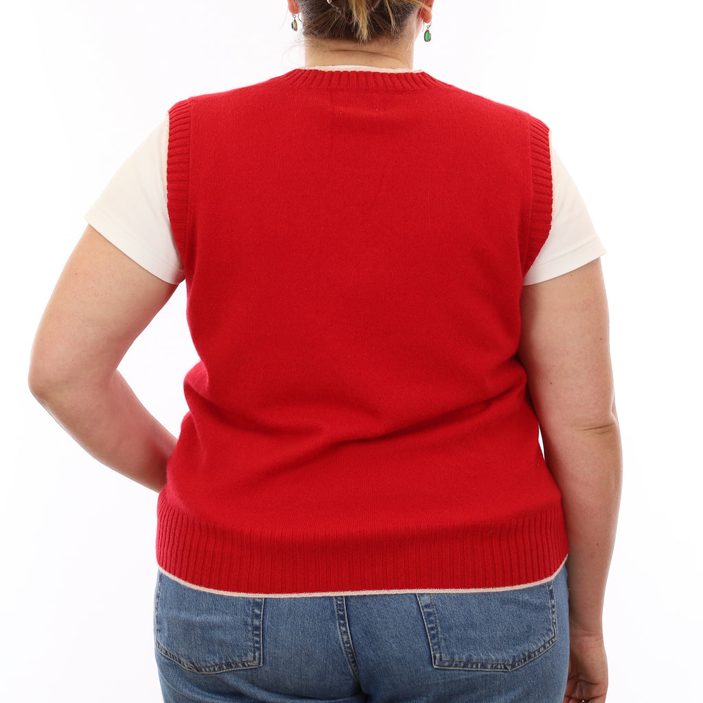 Brand New Post Box Red and Chalk Luxury Cashmere V Neck Tank Top Large UK 16-18