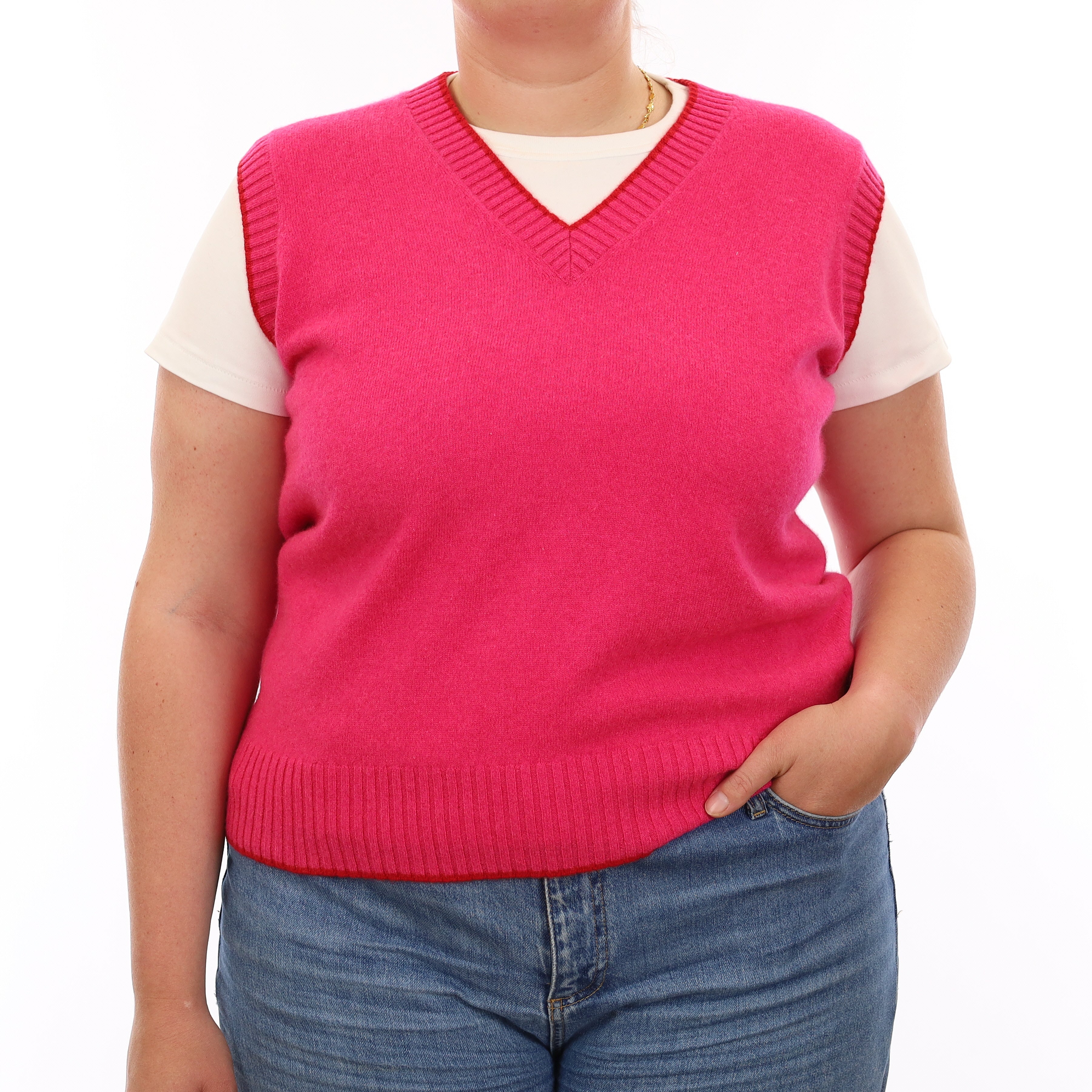 Brand New Hot Pink and Red Luxury Cashmere V Neck Tank Top Large UK 16-18