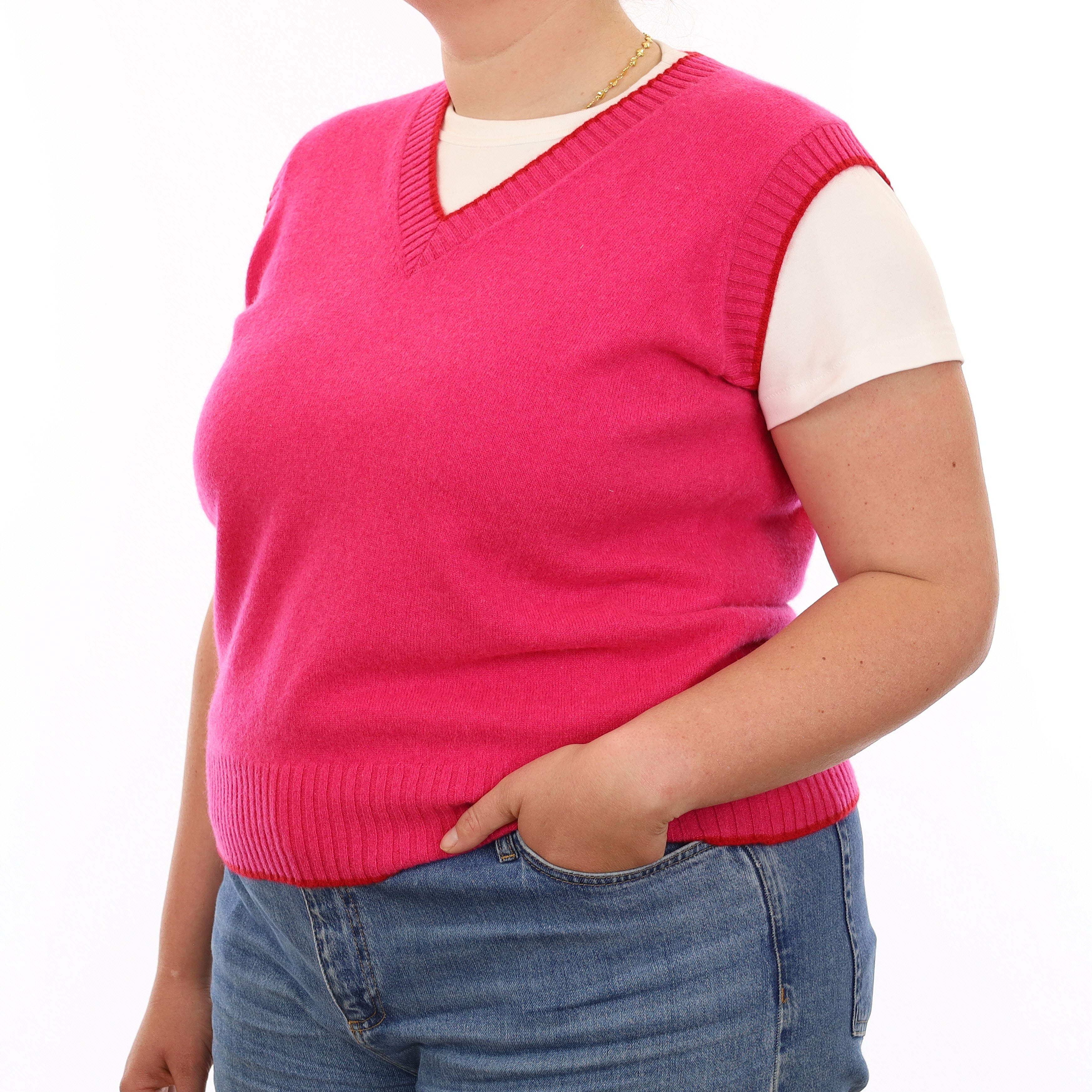 Brand New Hot Pink and Red Luxury Cashmere V Neck Tank Top Large UK 16-18