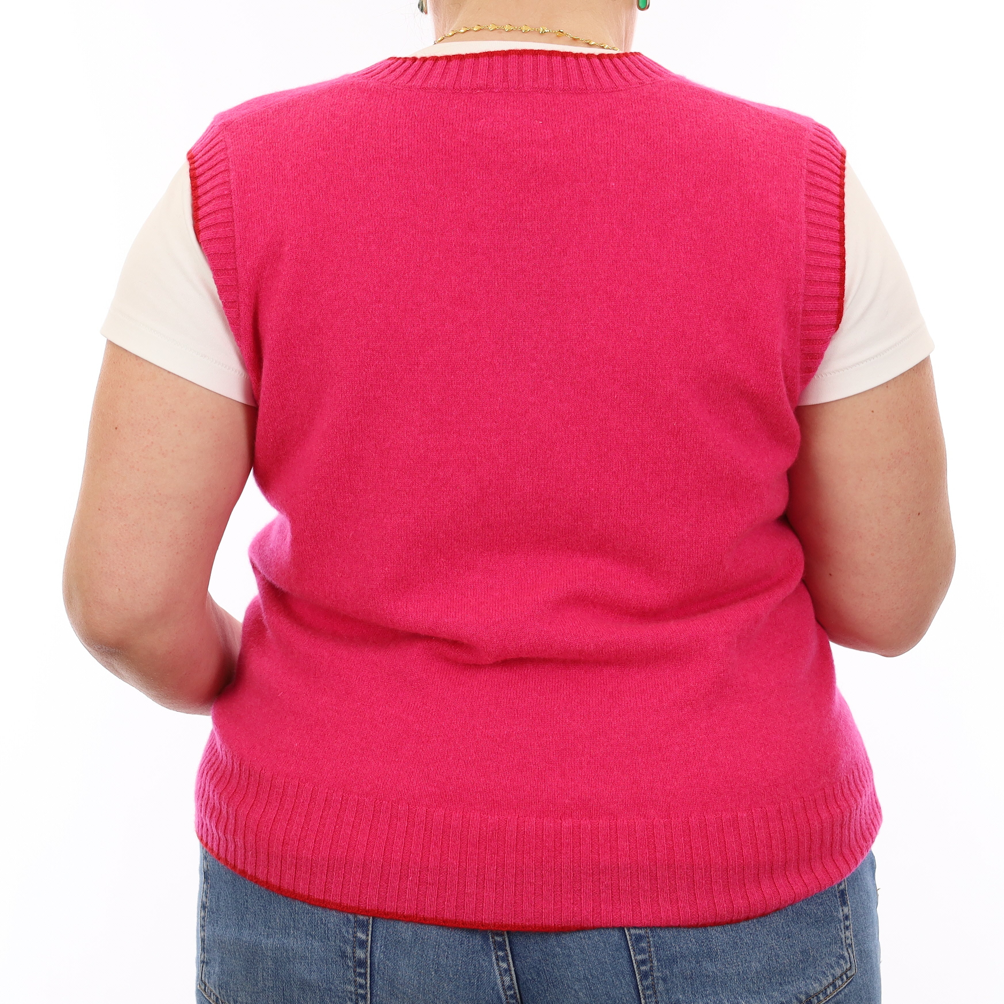 Brand New Hot Pink and Red Luxury Cashmere V Neck Tank Top Large UK 16-18