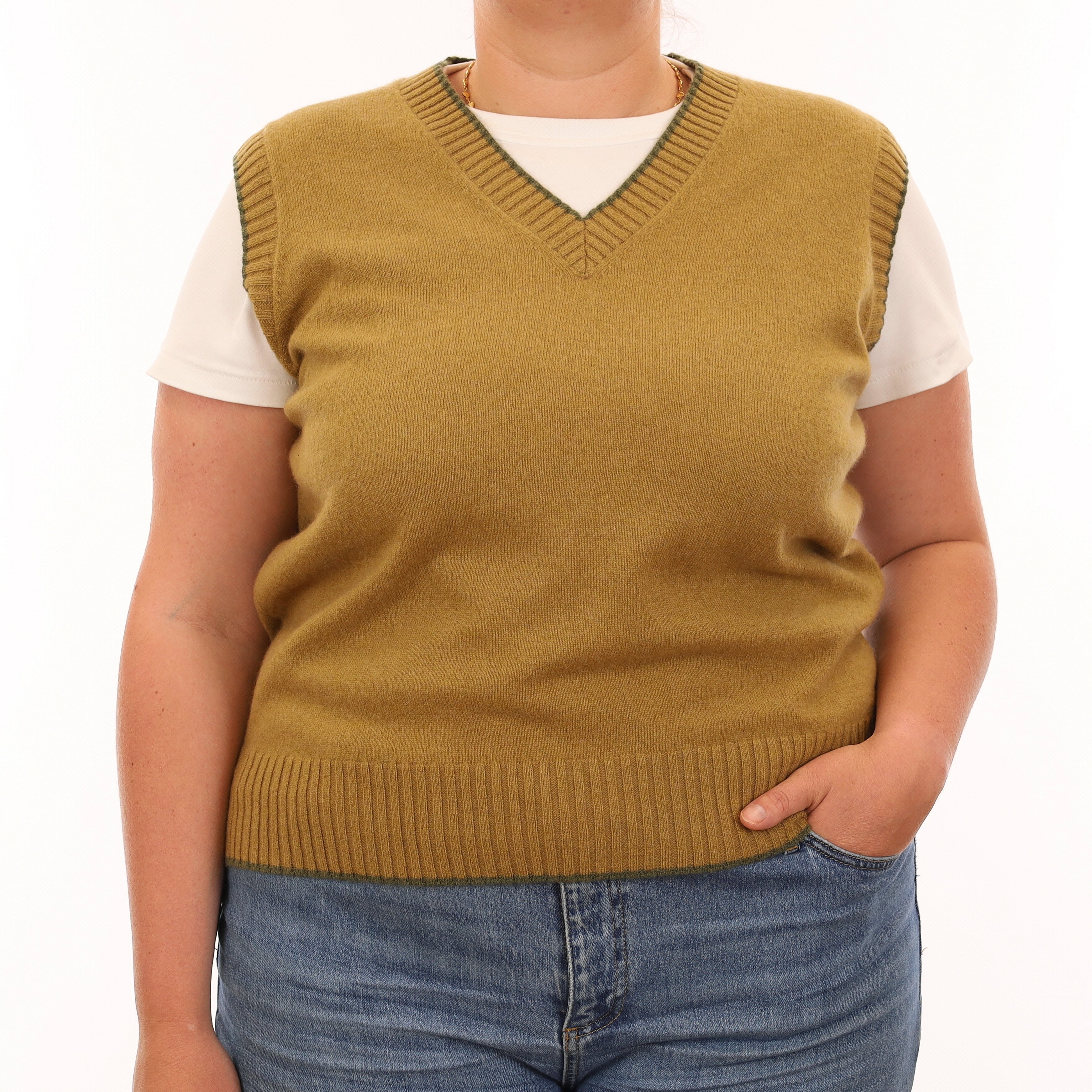 Brand New Mustard Gold and Olive Luxury Cashmere V Neck Tank Top Large UK 16-18