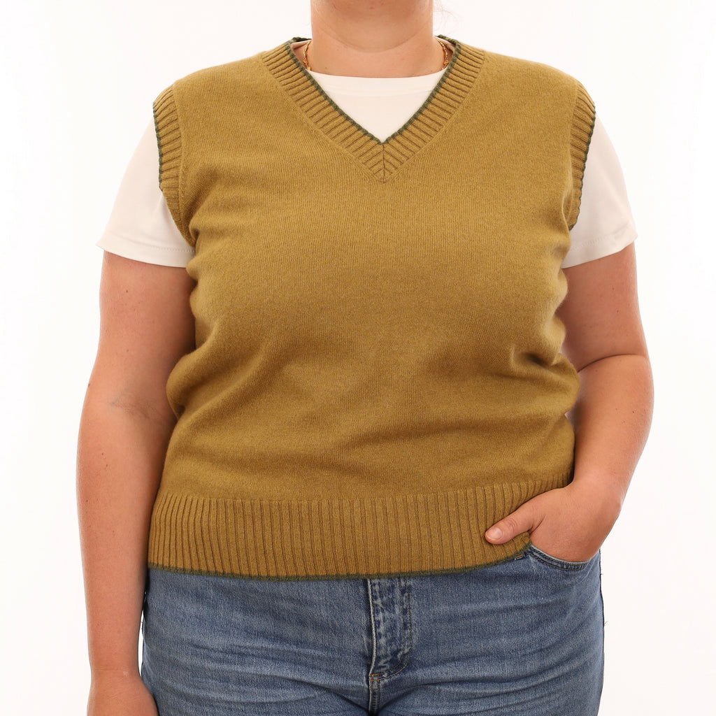 Brand New Mustard Gold and Olive Luxury Cashmere V Neck Tank Top Extra Large UK 20-22