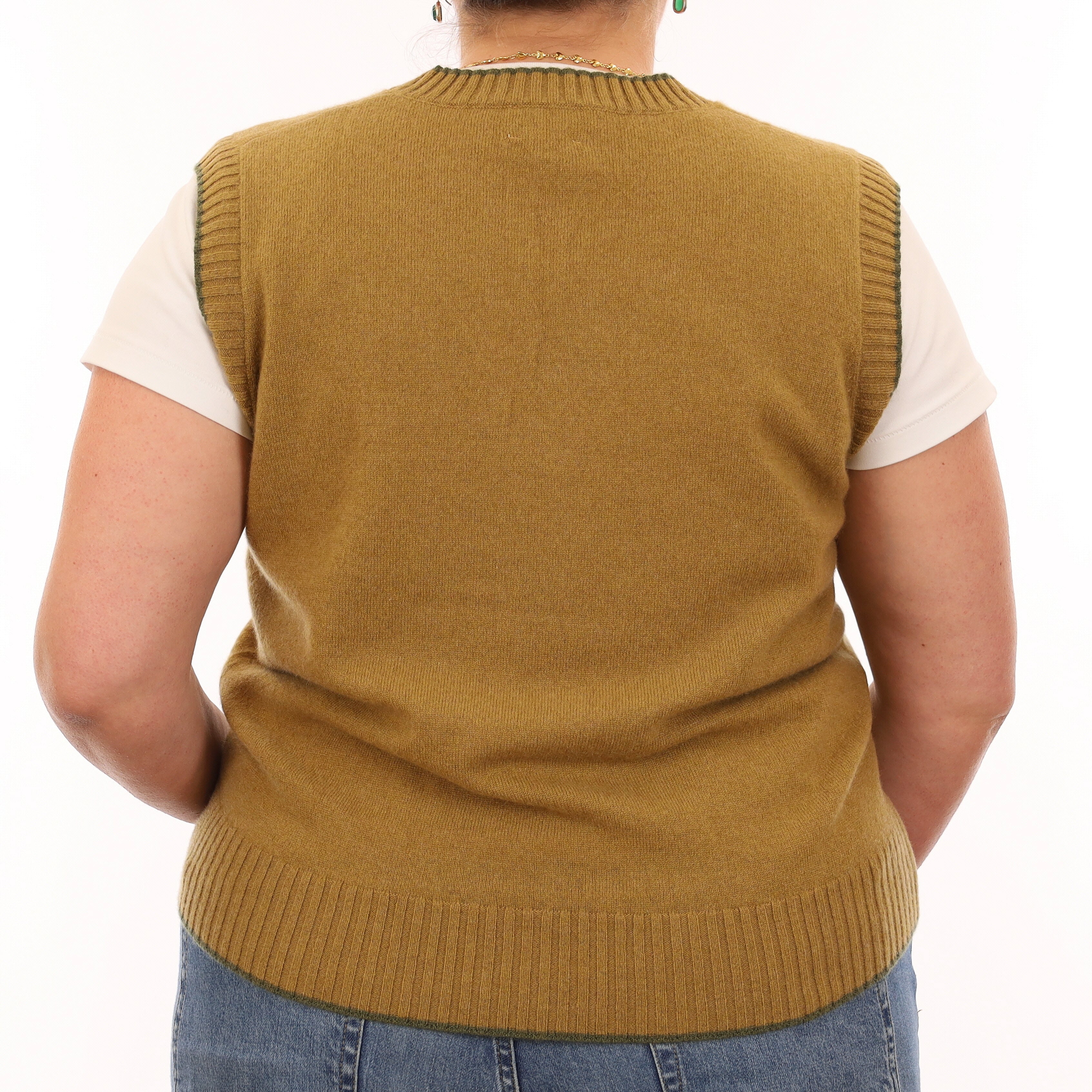 Brand New Mustard Gold and Olive Luxury Cashmere V Neck Tank Top Large UK 16-18