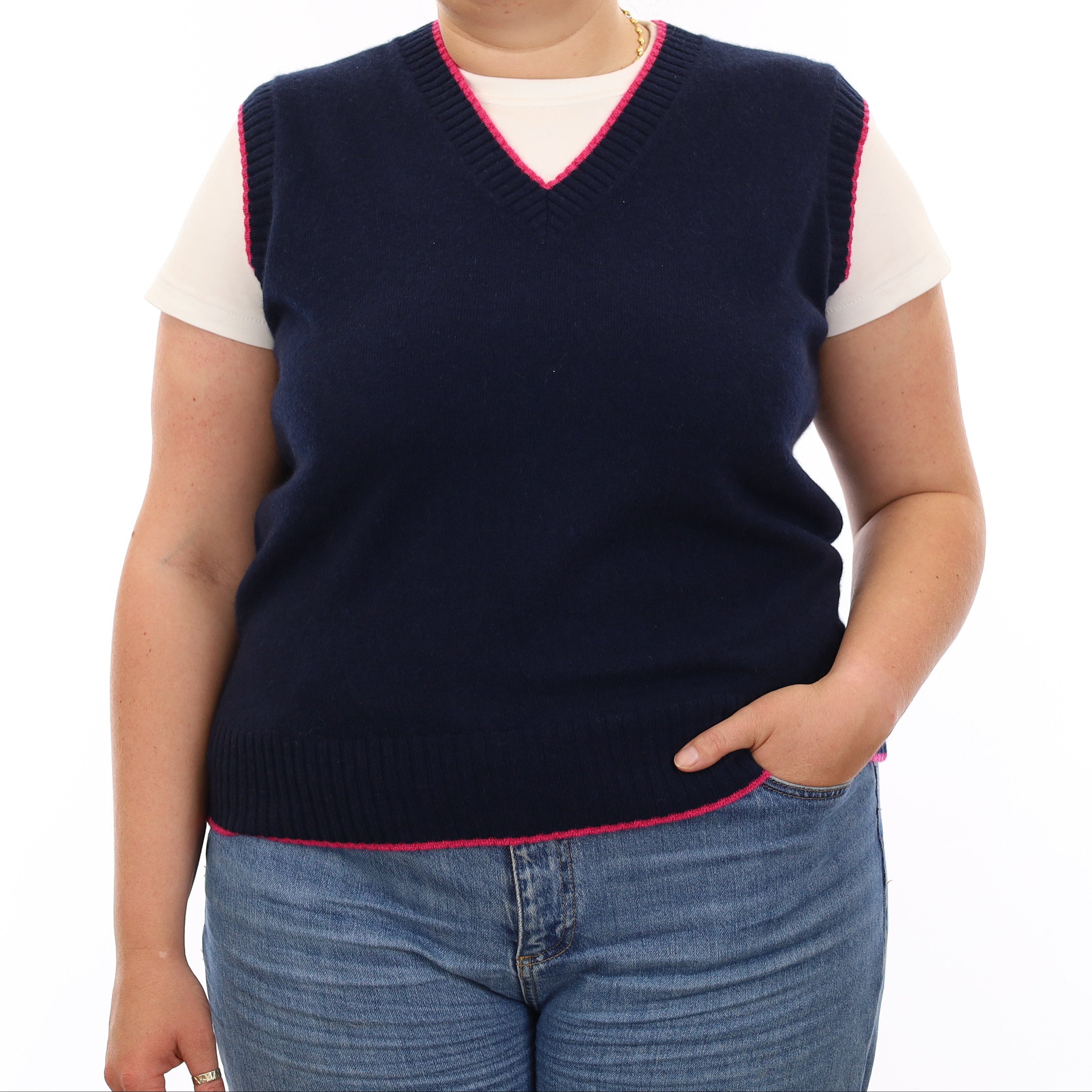 Brand New Navy and Hot Pink Luxury Cashmere V Neck Tank Top Large UK 16-18