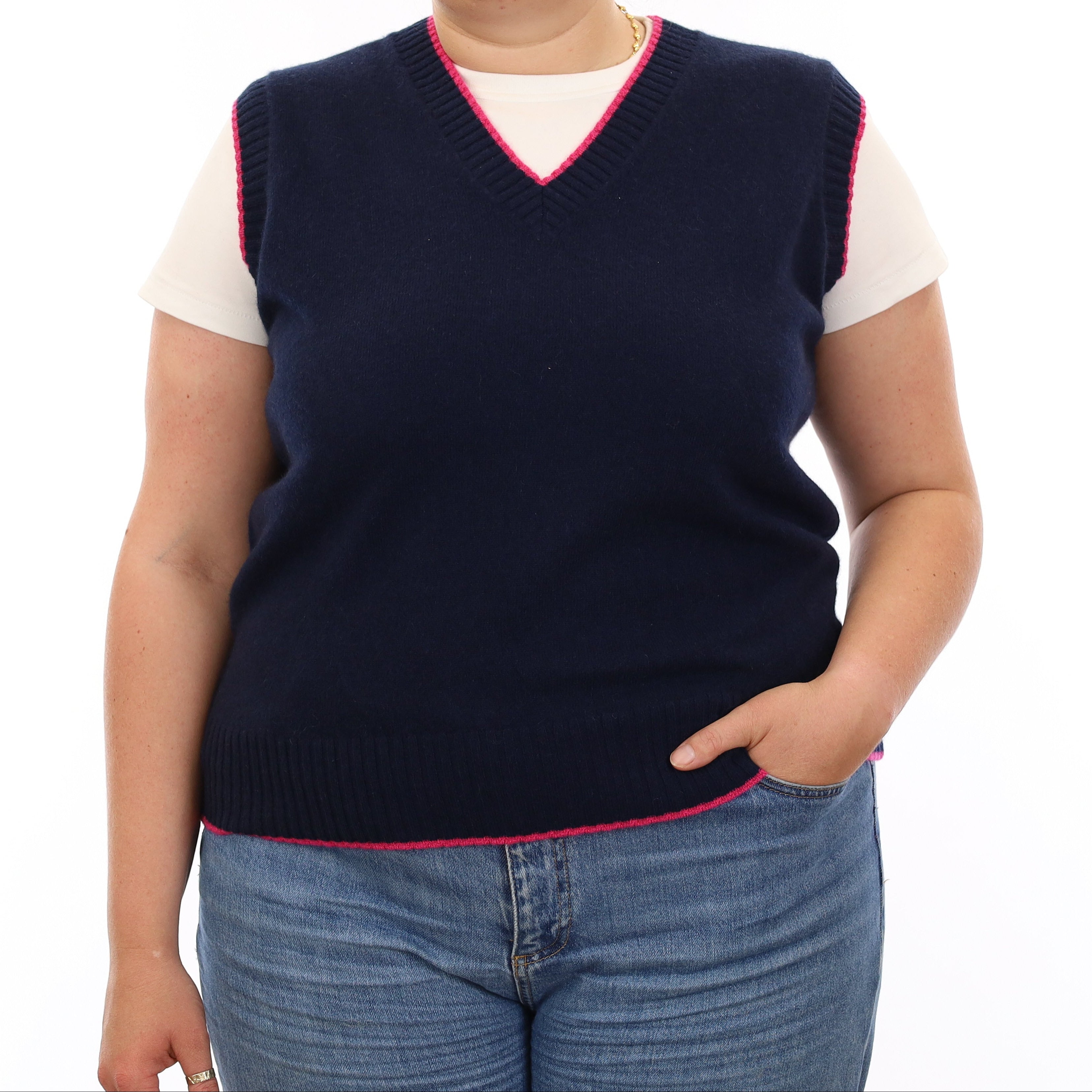 Brand New Navy and Hot Pink Luxury Cashmere V Neck Tank Top Extra Large UK 20-22