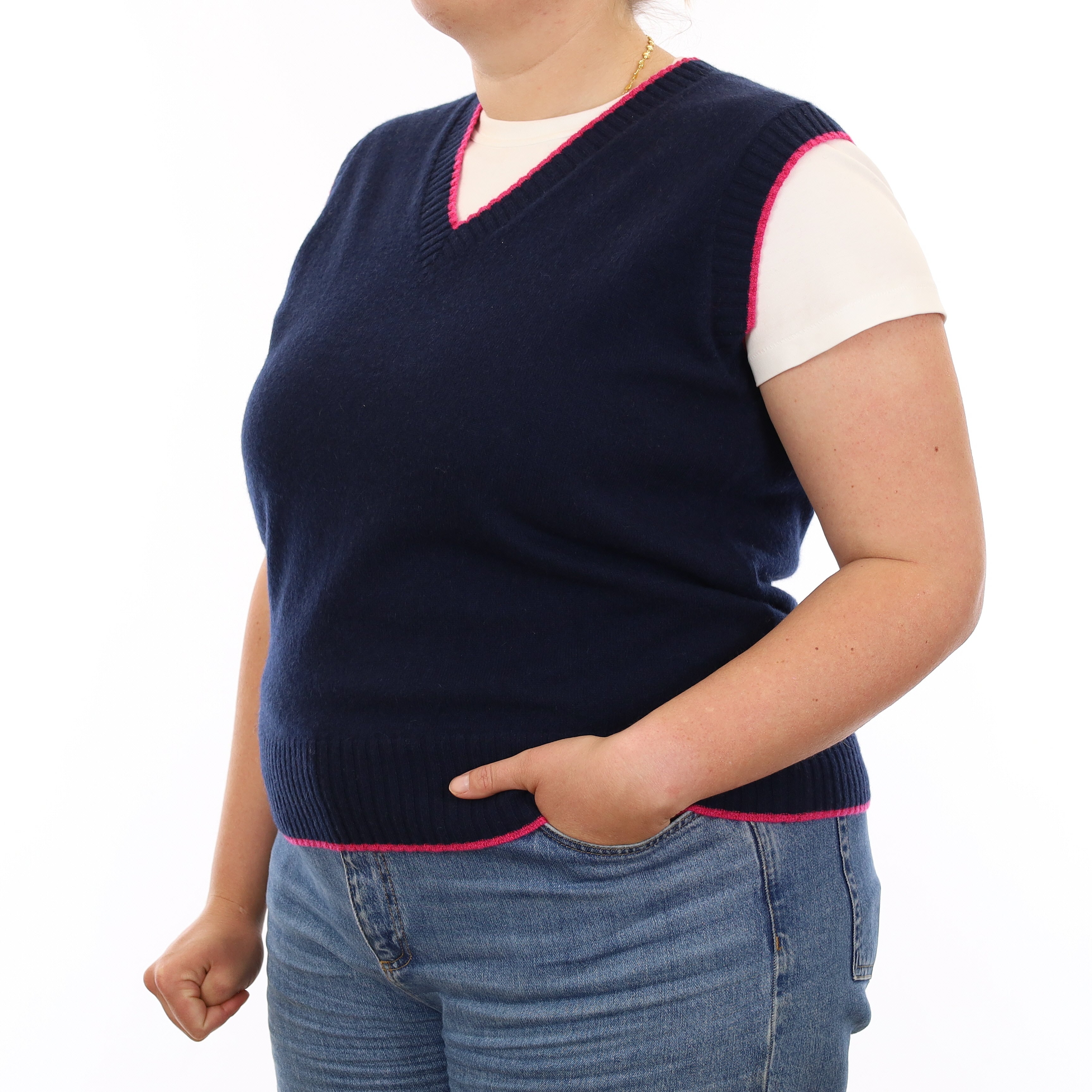 Brand New Navy and Hot Pink Luxury Cashmere V Neck Tank Top Extra Large UK 20-22