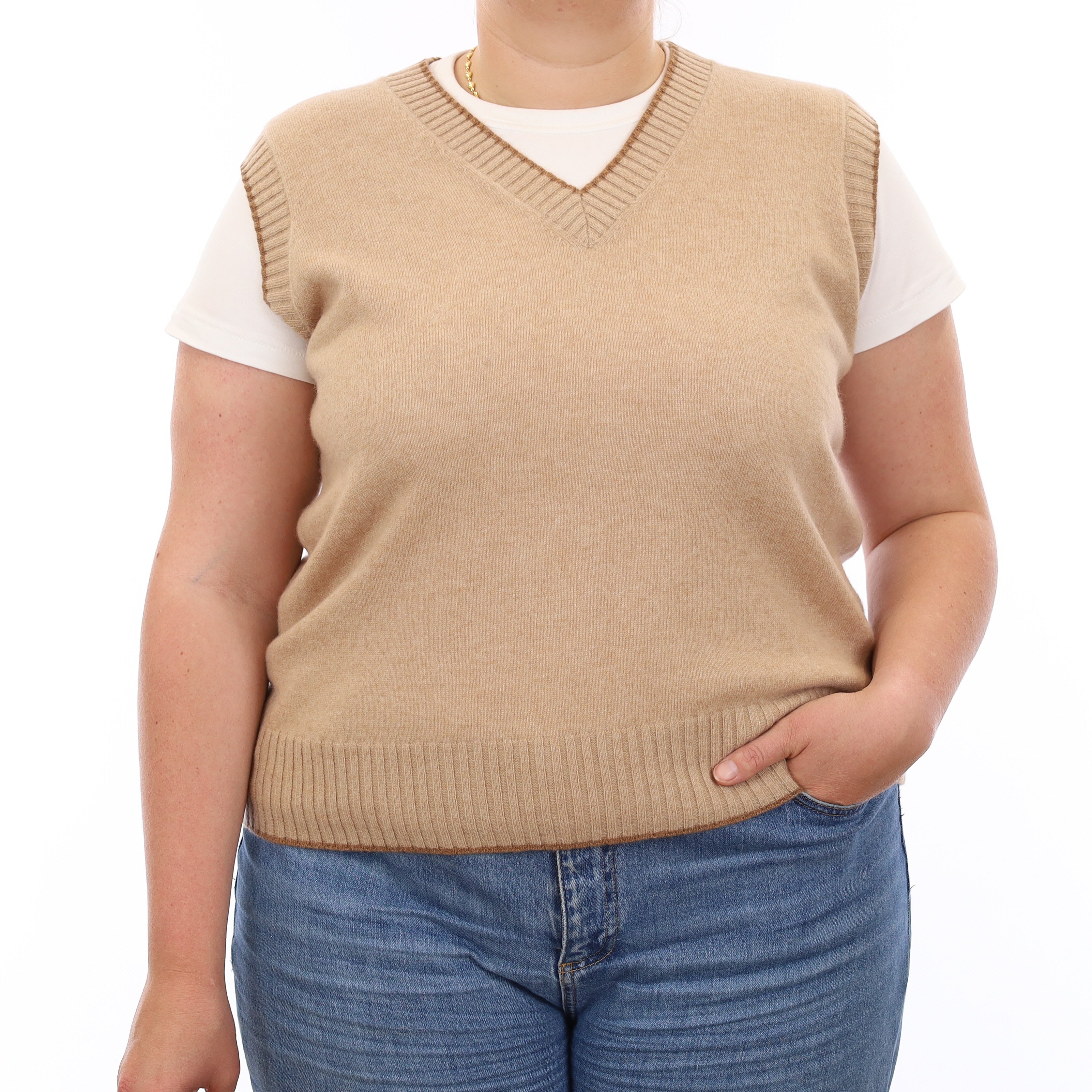 Brand New Caramel and Toffee Luxury Cashmere V Neck Tank Top Extra Large UK 20-22