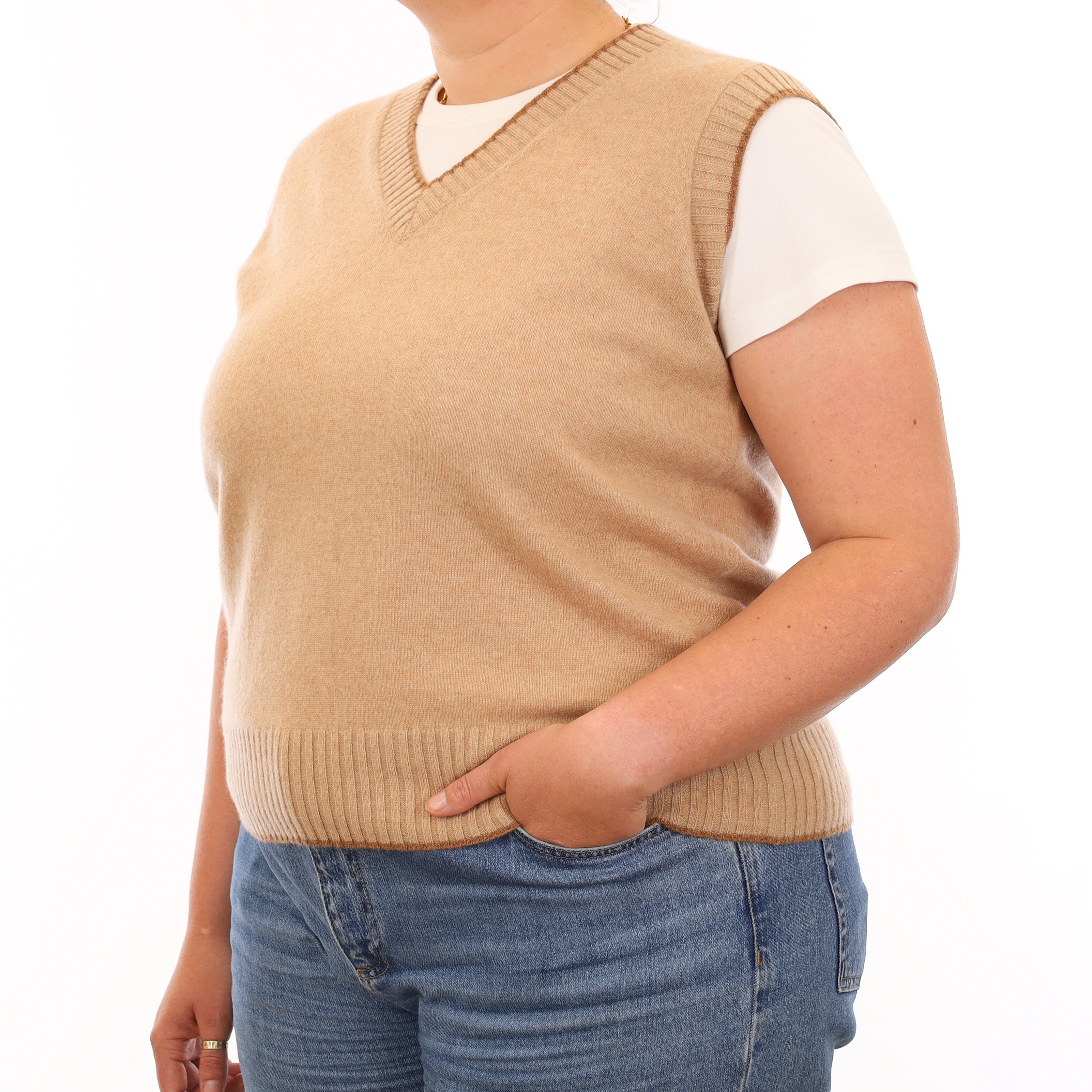 Brand New Caramel and Toffee Luxury Cashmere V Neck Tank Top Extra Large UK 20-22