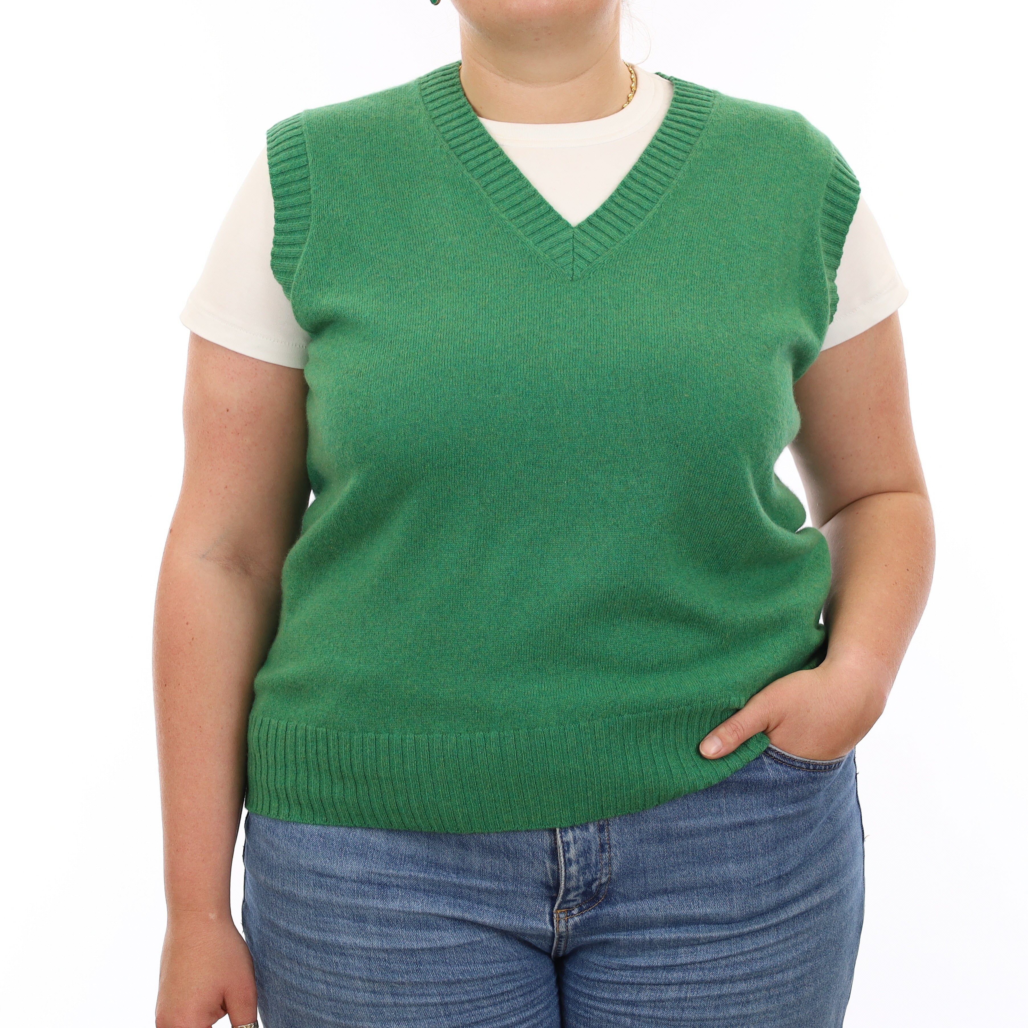 Brand New Jade Green Luxury Cashmere V Neck Tank Top Extra Large UK 20-22