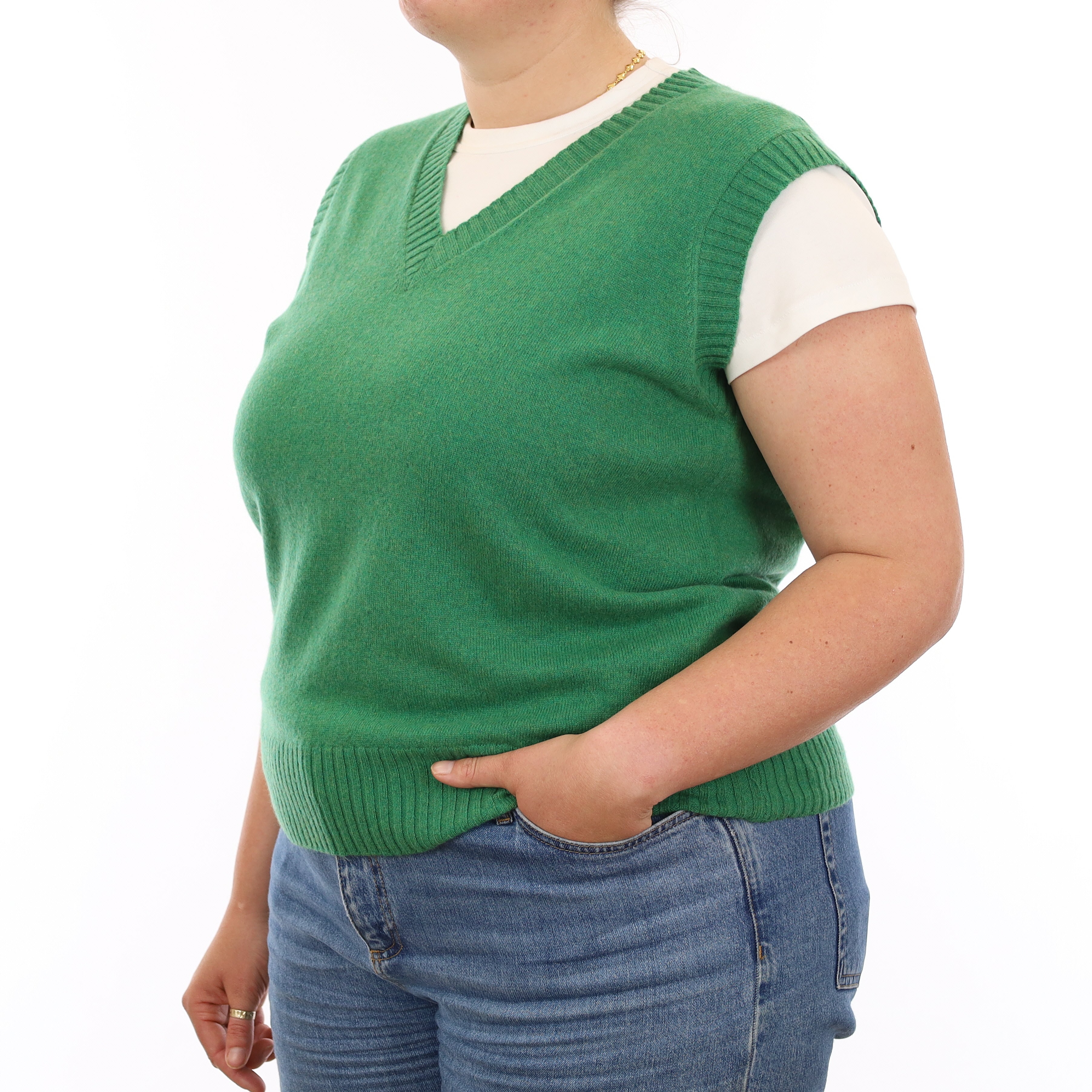 Brand New Jade Green Luxury Cashmere V Neck Tank Top Extra Large UK 20-22