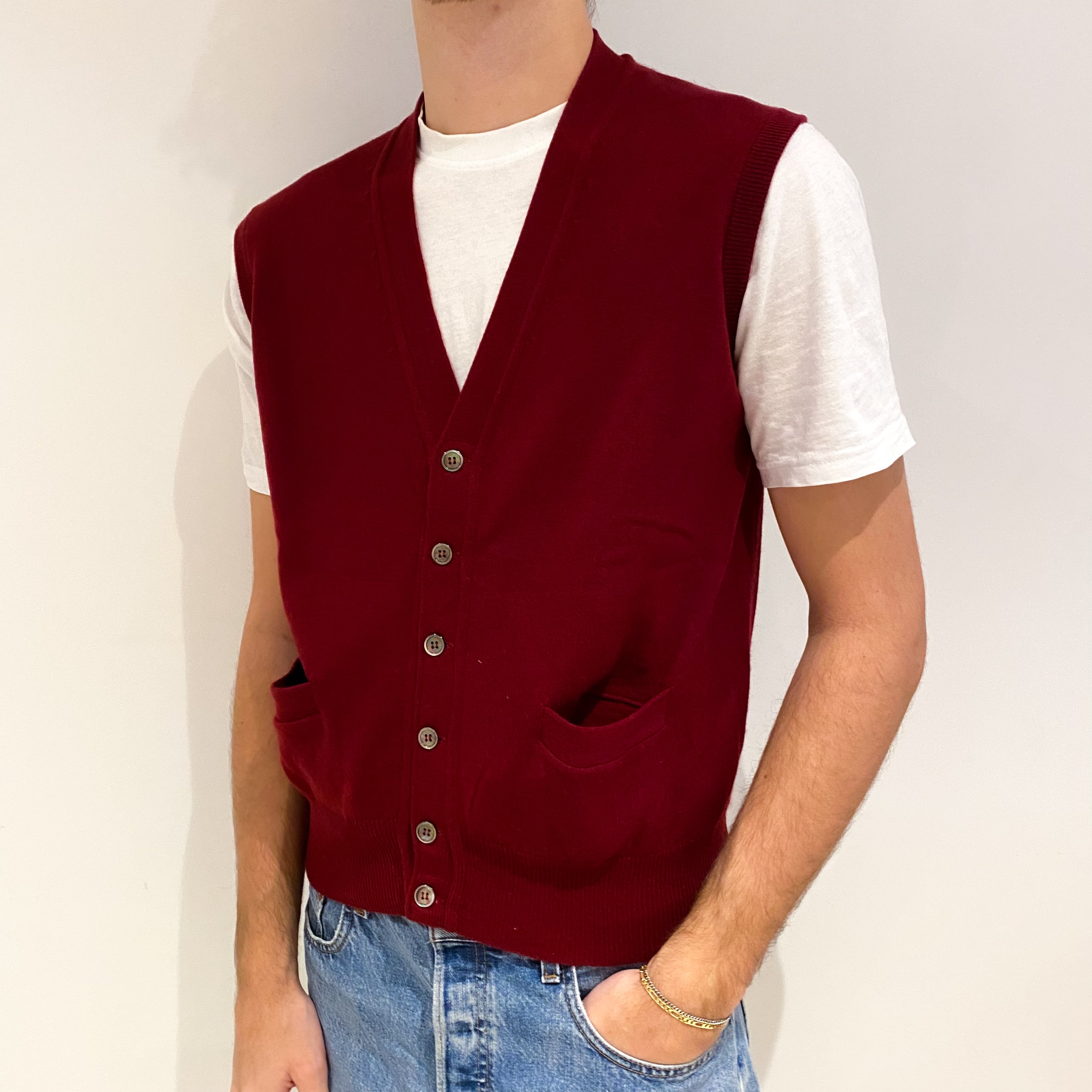 Men's Burgundy Red Cashmere V Neck Gilet with Pockets Medium