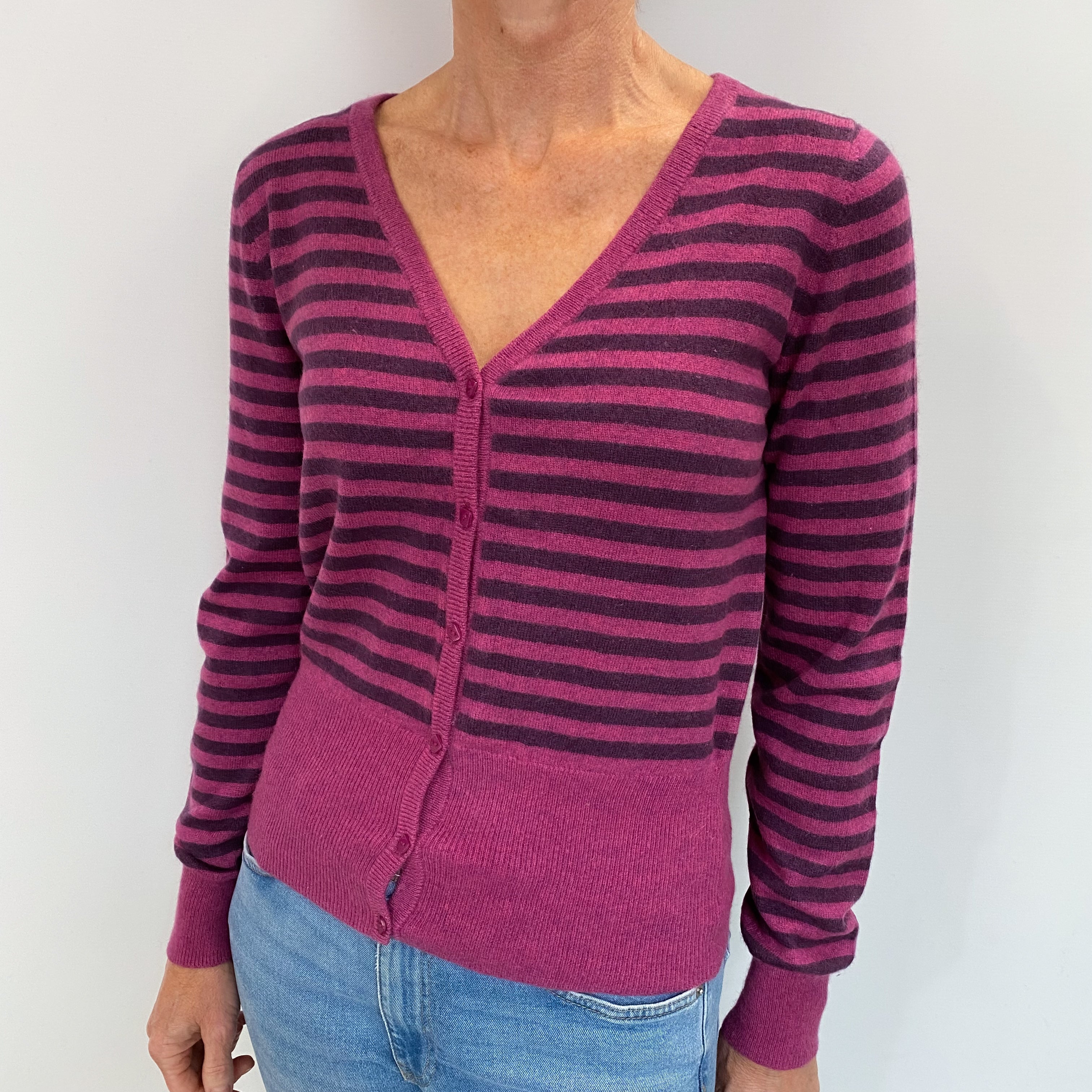Magenta Purple Stripe Cashmere V Neck Cardigan Small