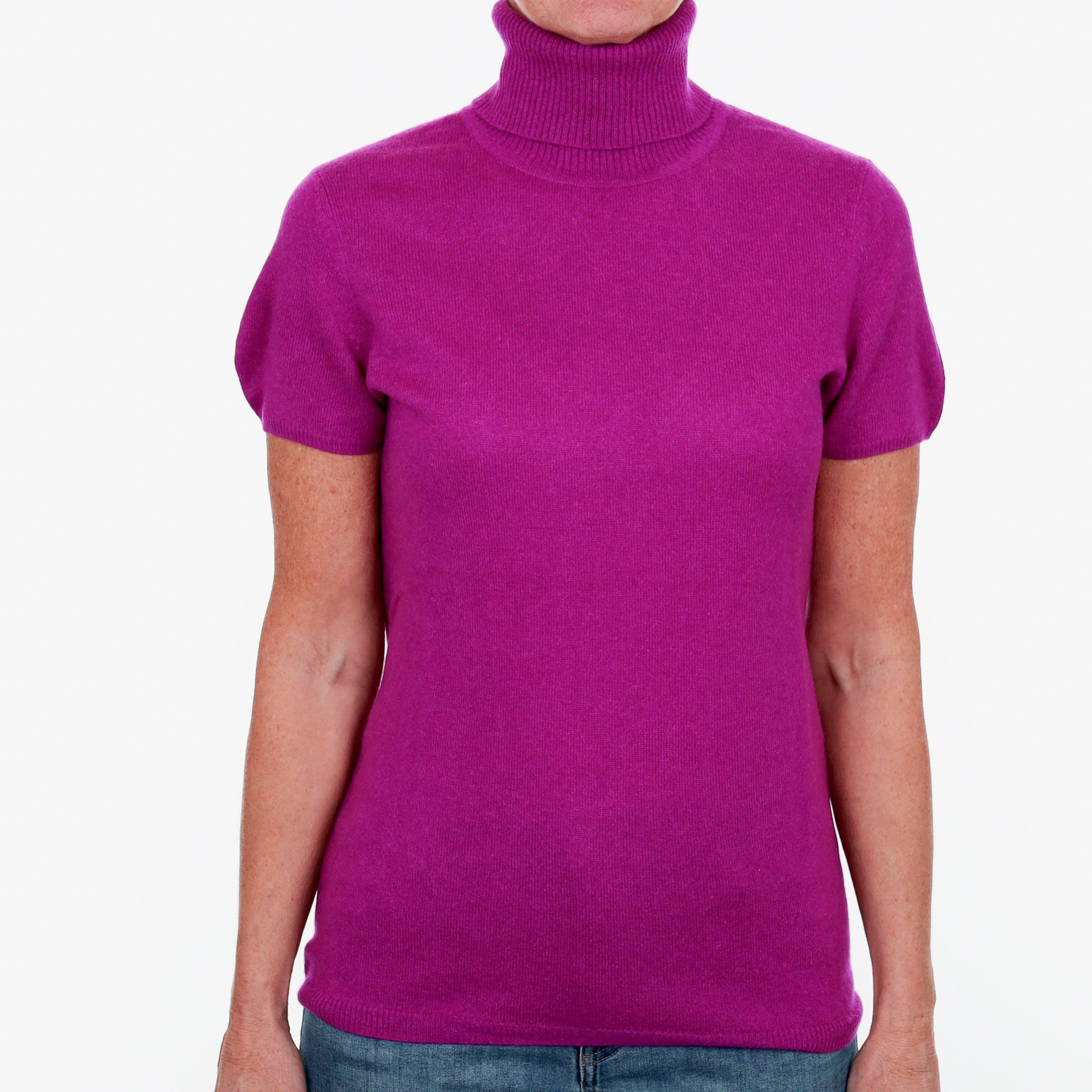 Magenta Pink Cashmere Polo Neck Short Sleeved Jumper Small