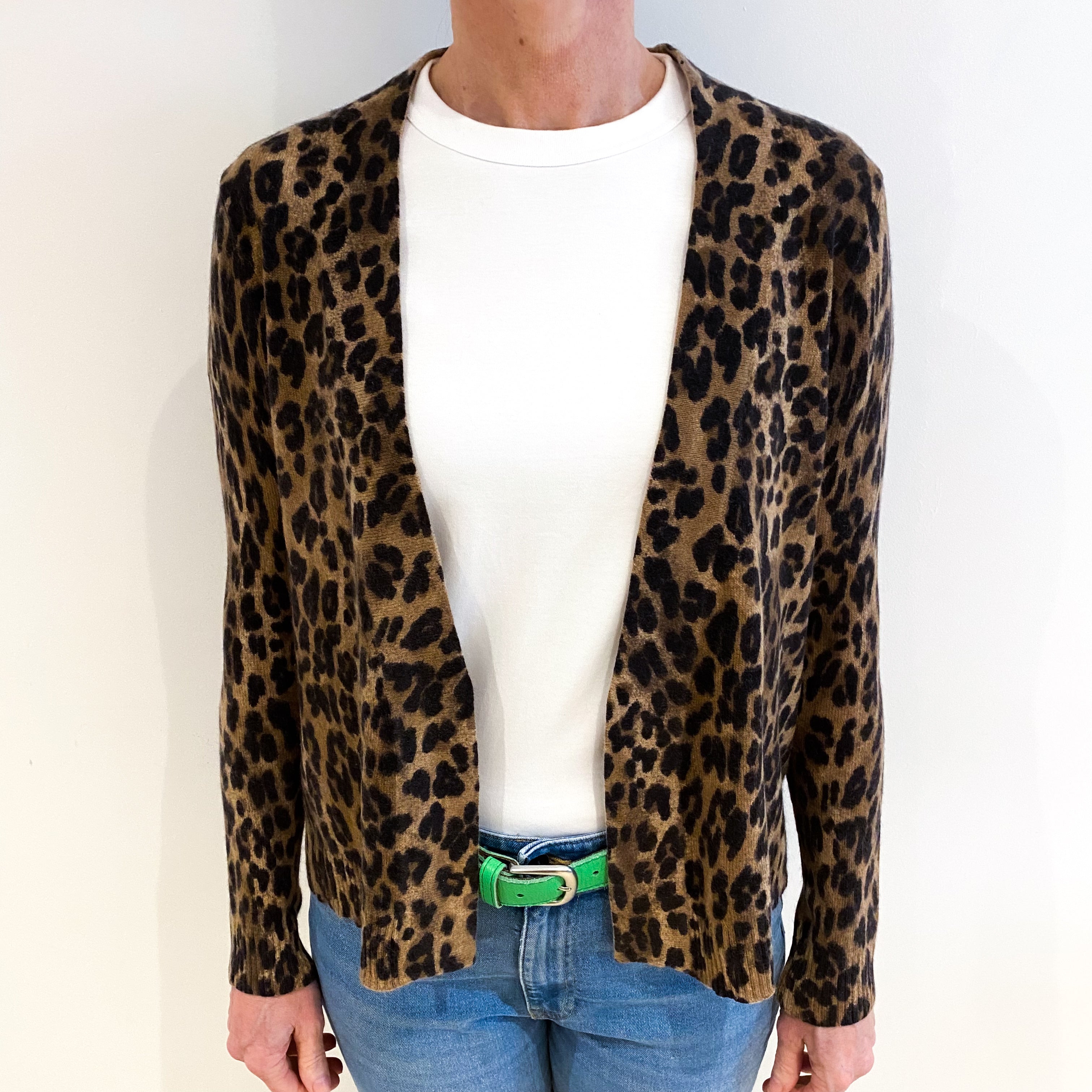 Butterscotch Brown Animal Print Cashmere Edge To Edge Cardigan Small