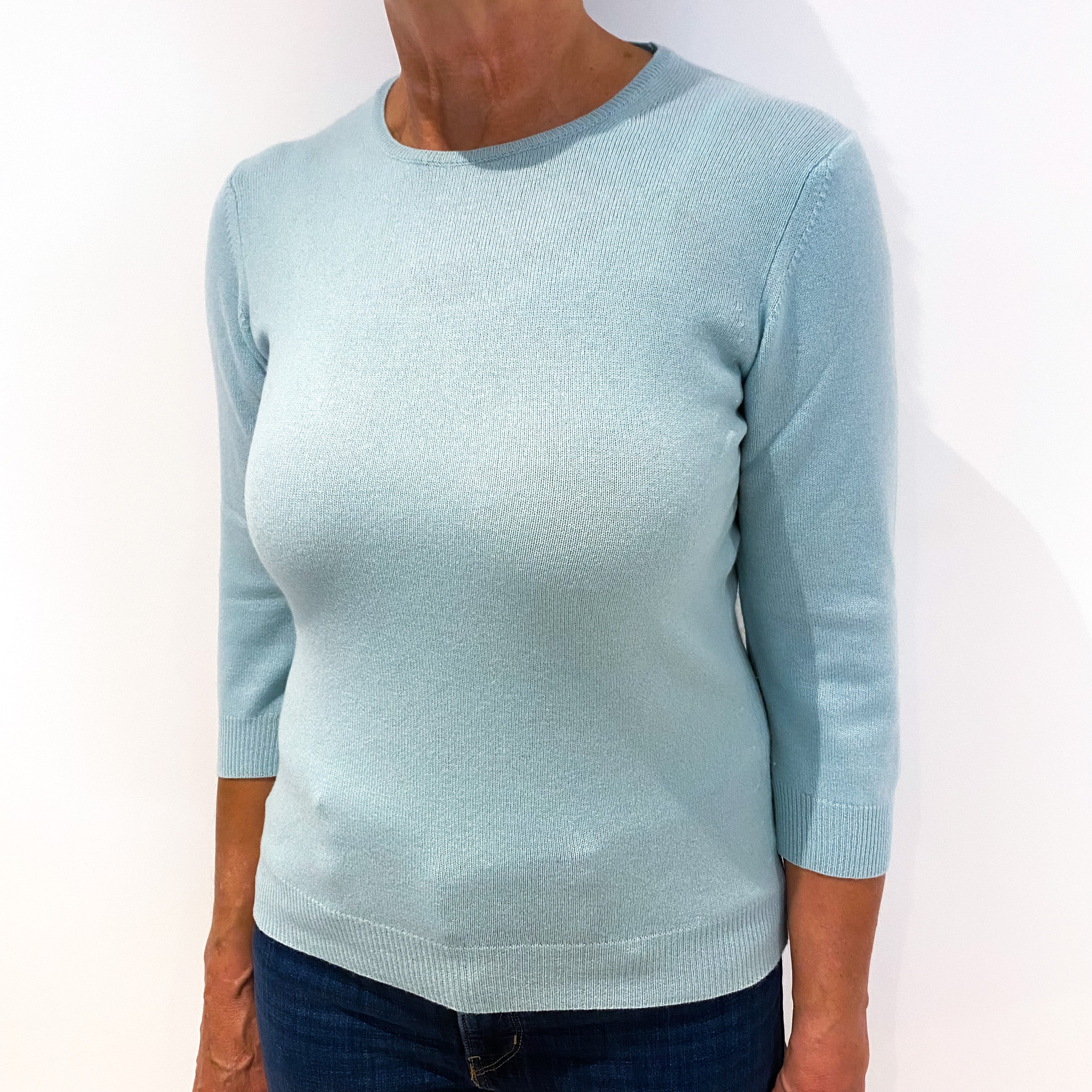 Mint Blue 3/4 Sleeve Cashmere Crew Neck Jumper Medium