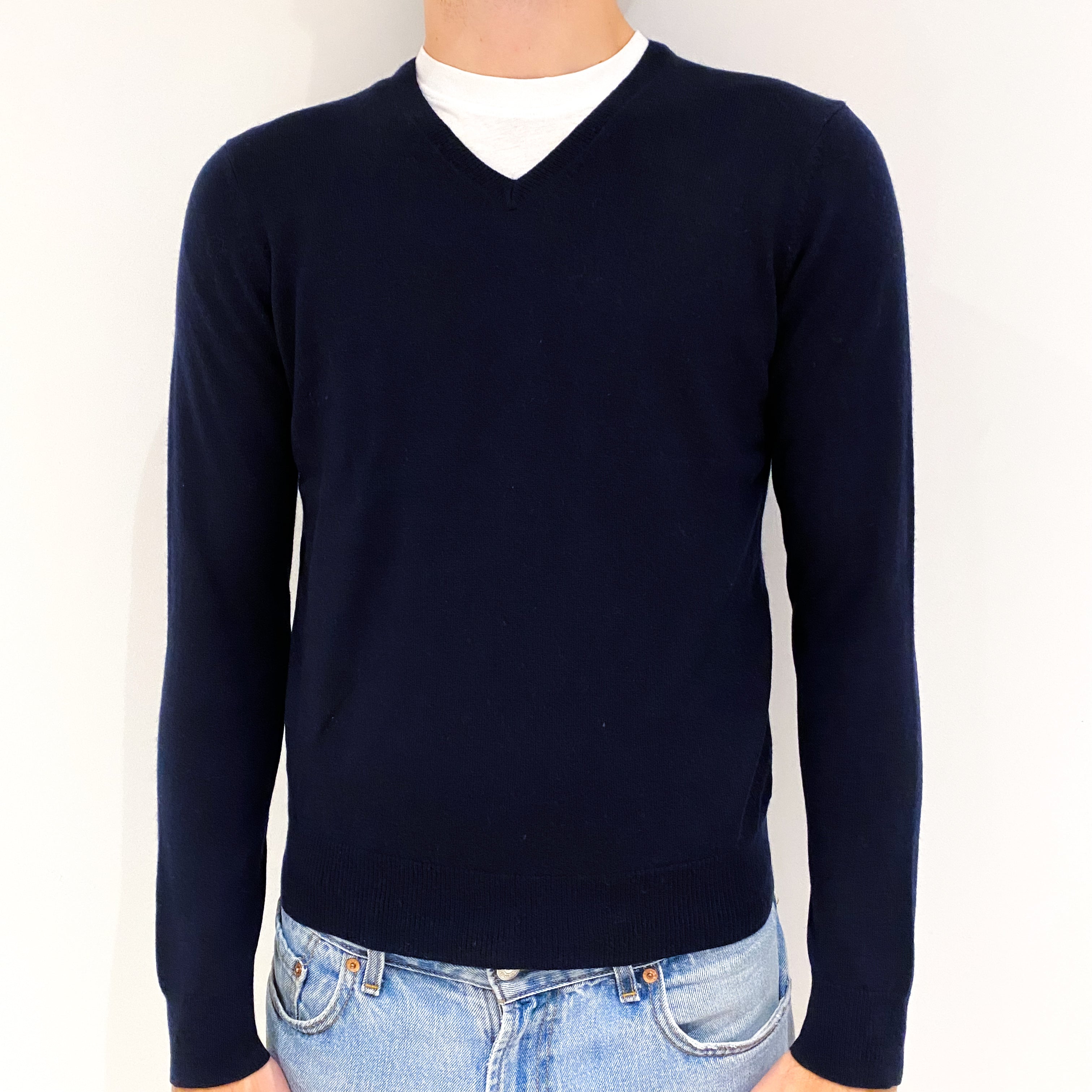 Men's Navy Blue Cashmere V-Neck Jumper Medium