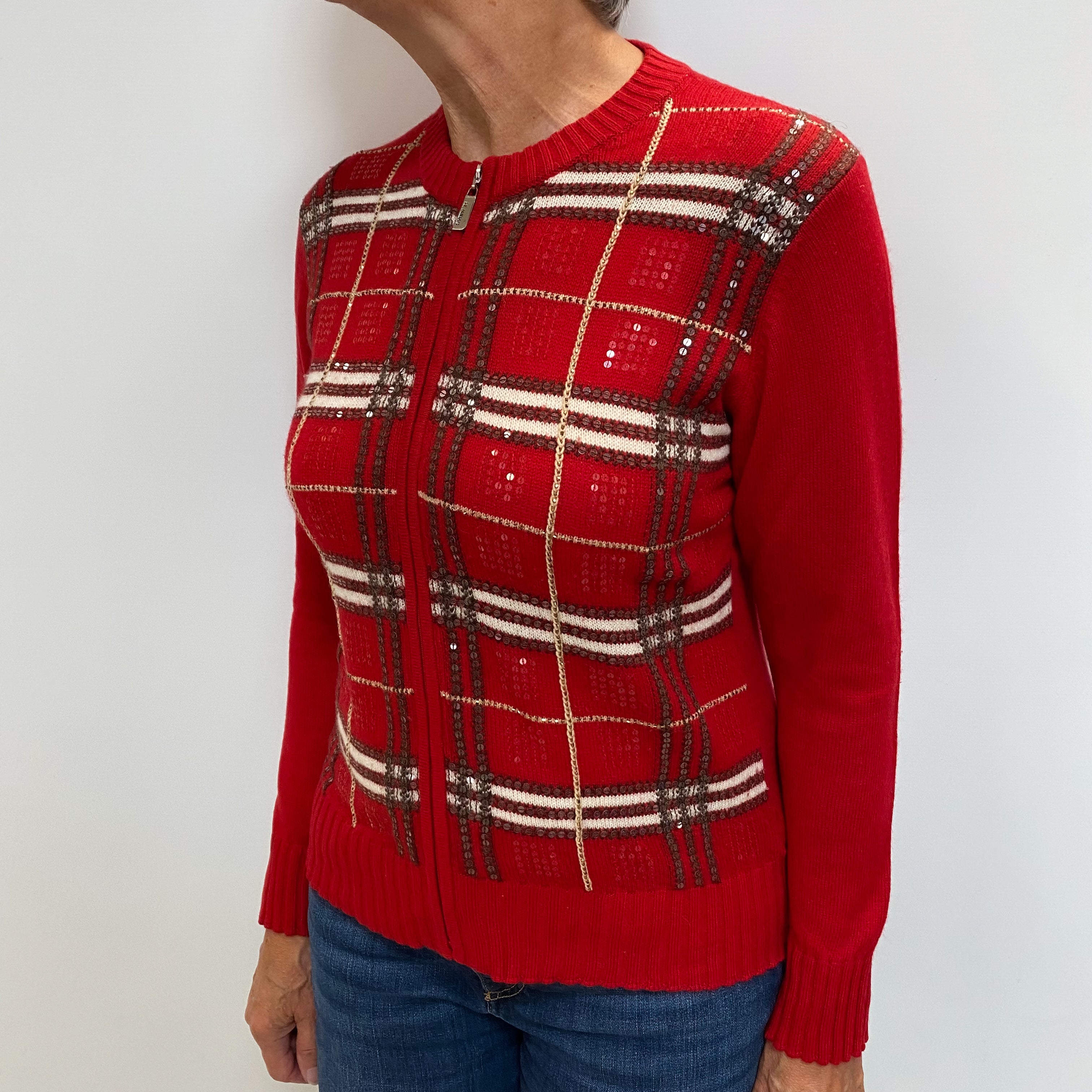 Scarlet Red Cashmere Crew Zip Up Cardigan Medium