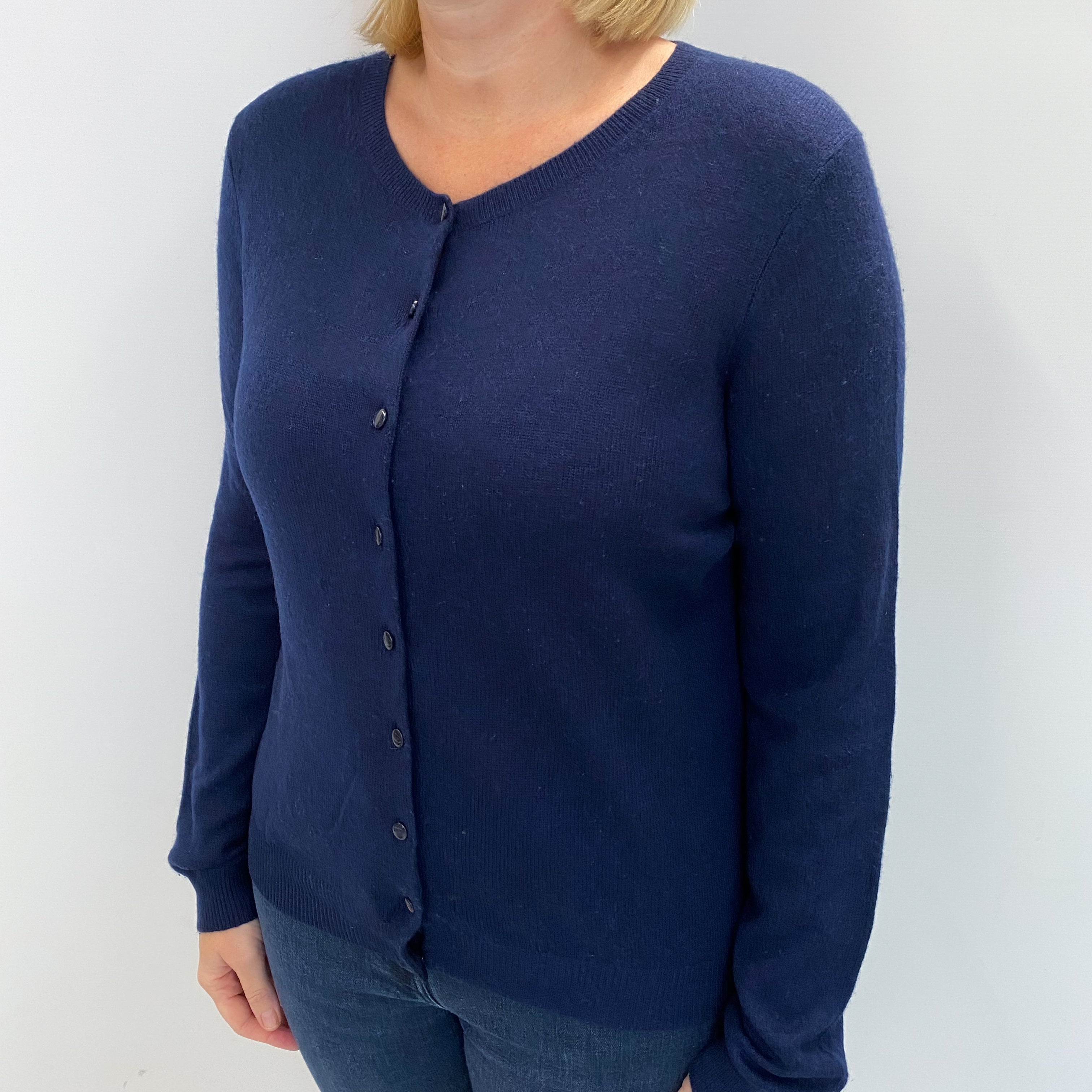 Navy Blue Cashmere Crew Neck Cardigan Large