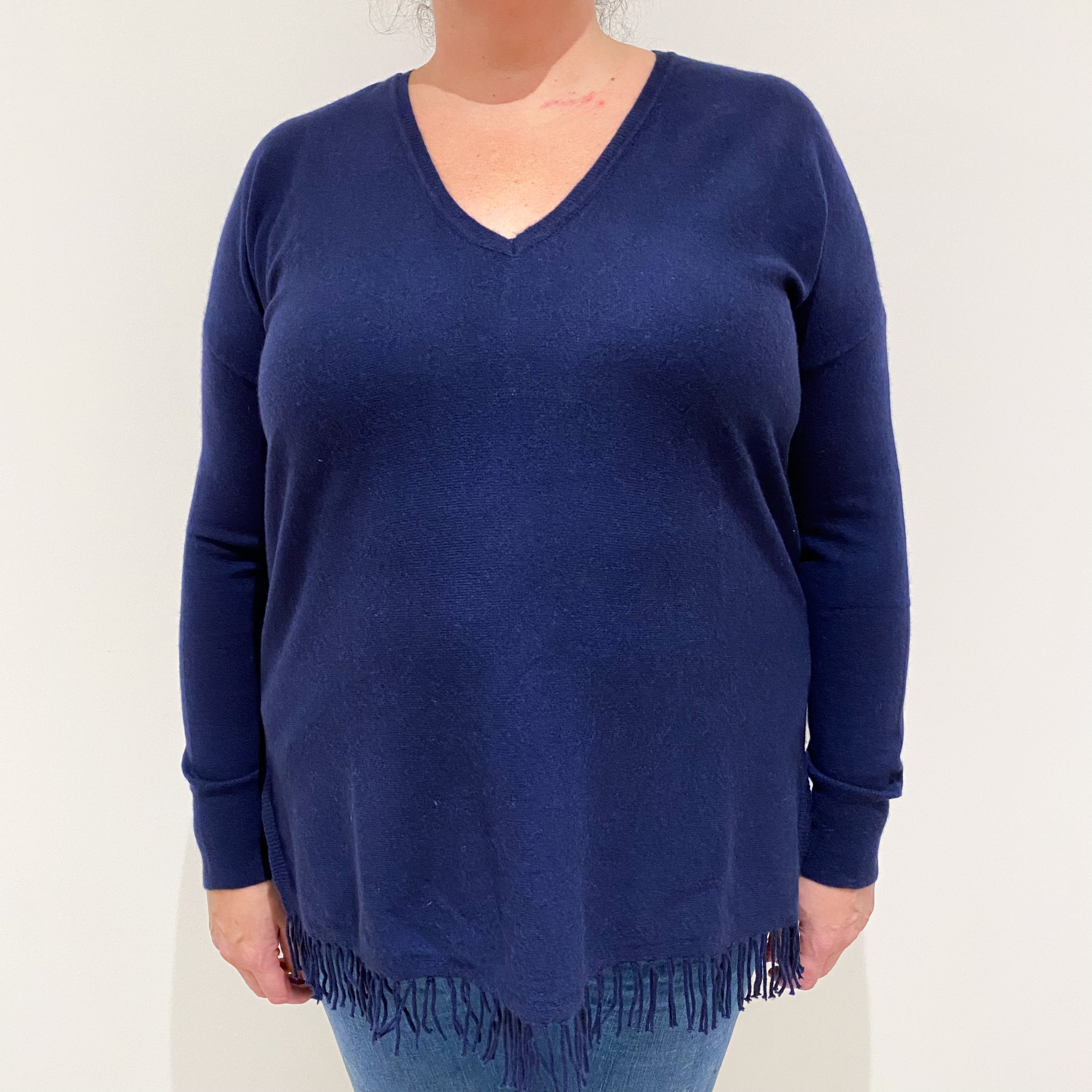 Midnight Navy Blue Cashmere Fringed V-Neck Jumper Extra Large