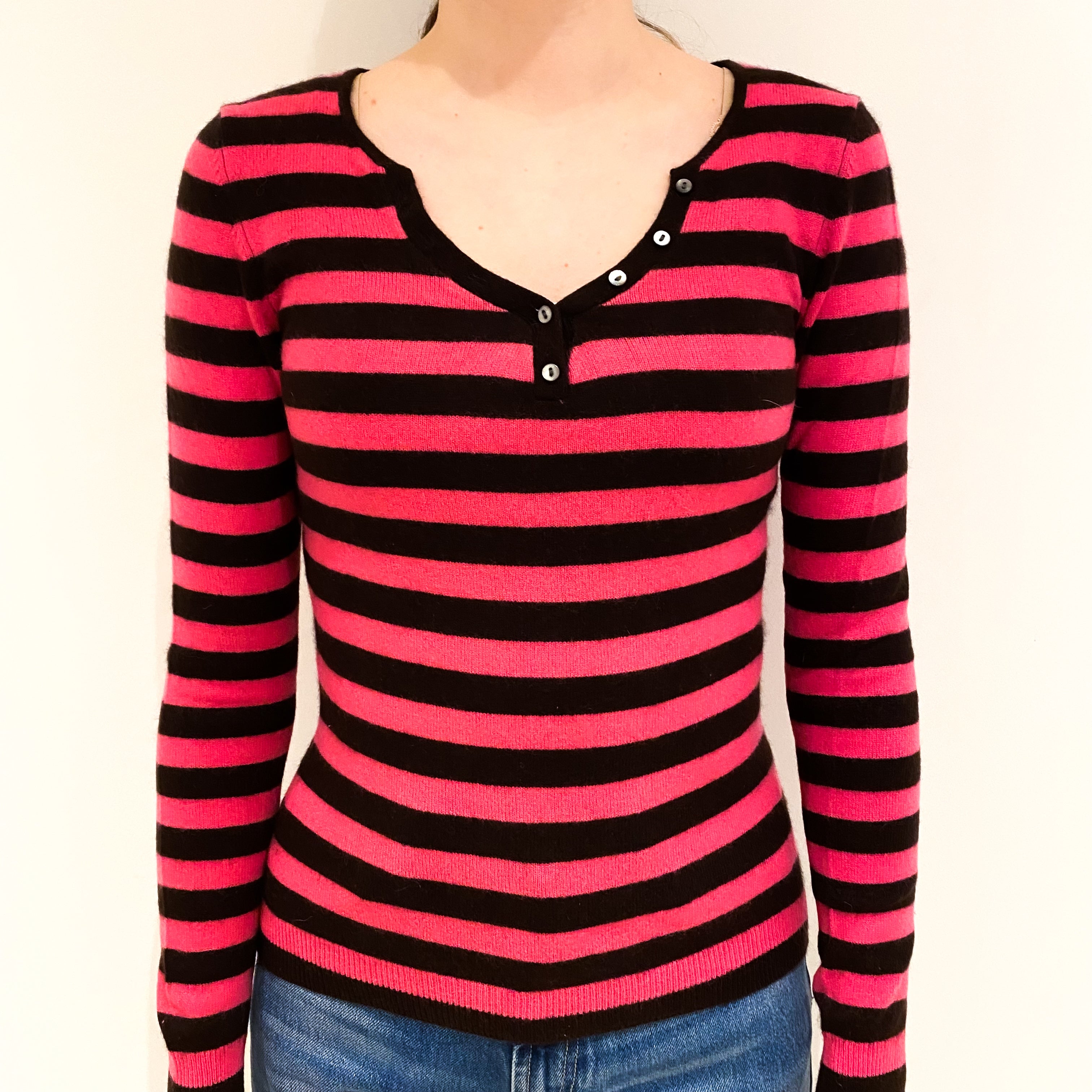 Hot Pink and Black Striped Cashmere Notch Neck Jumper Extra Small