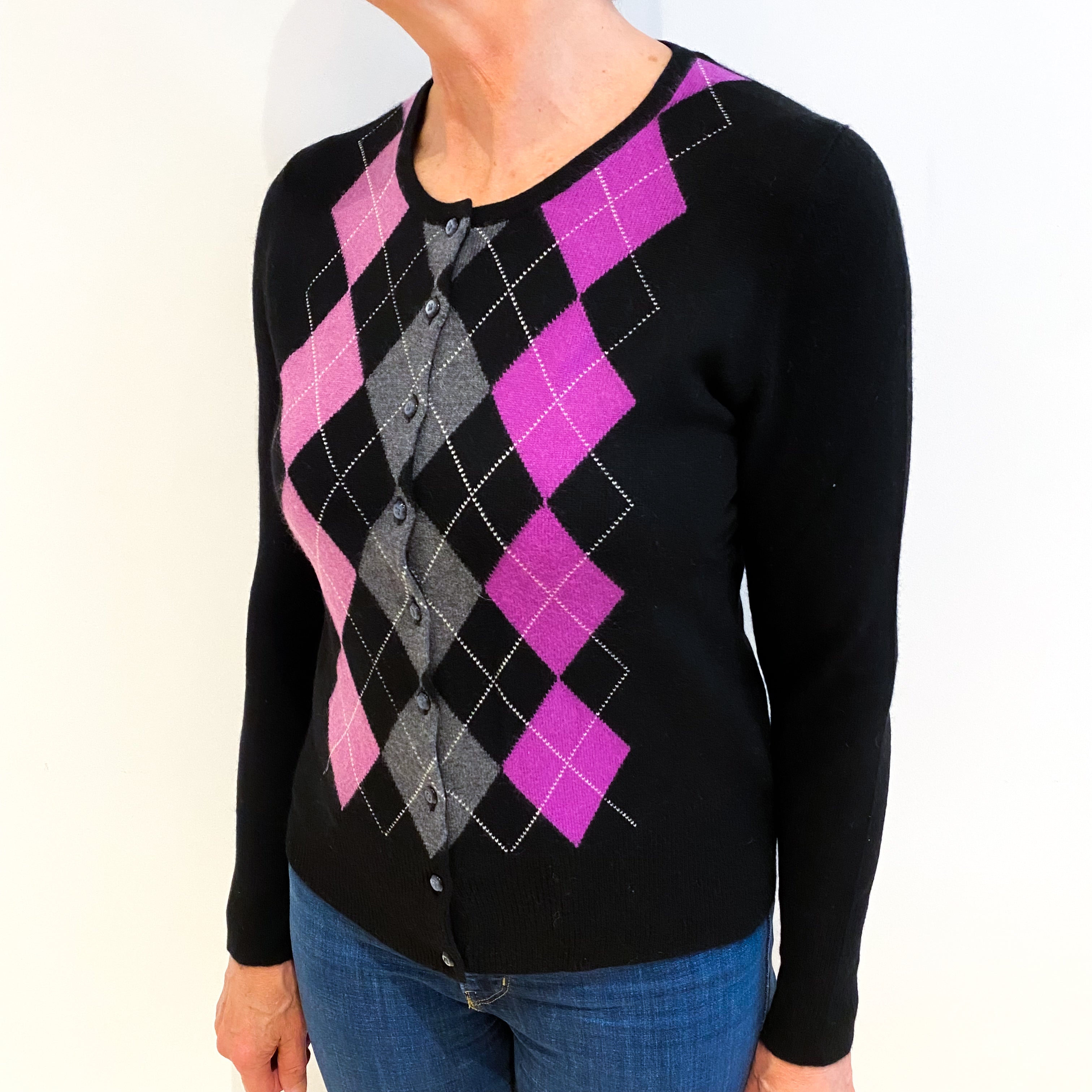 Black Argyle Cashmere Cardigan Medium