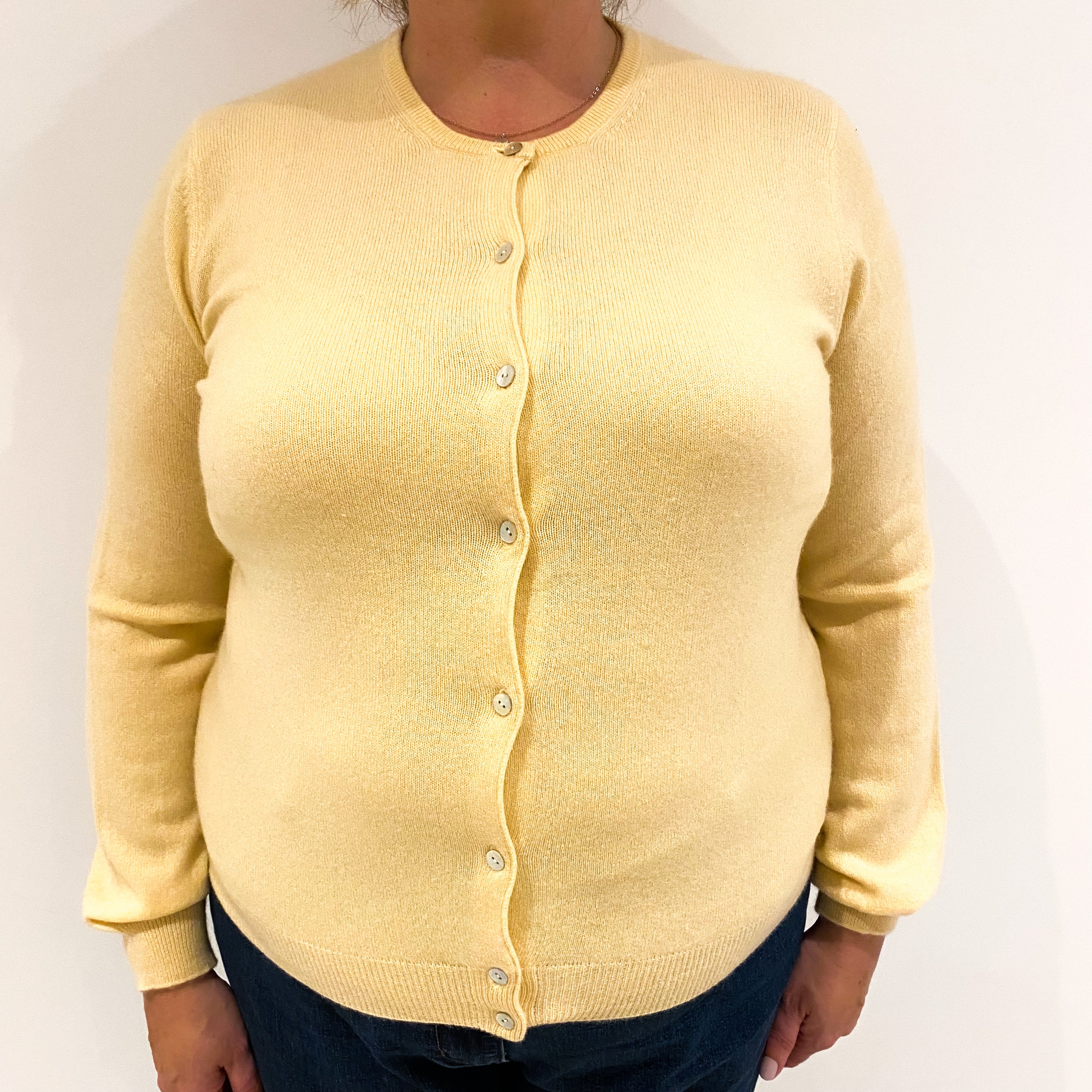 Primrose Yellow Cashmere Crew Neck Cardigan Extra Large