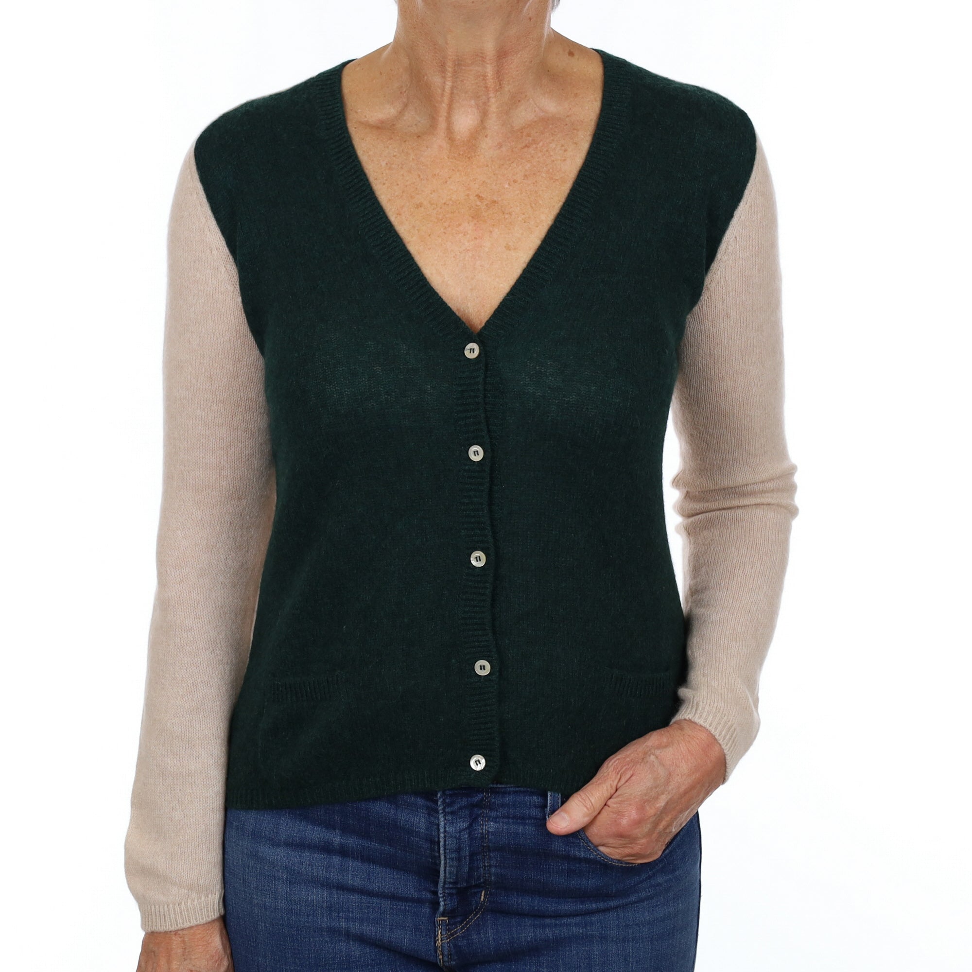 Bottle Green and Oatmeal Cashmere V Neck Cardigan Medium