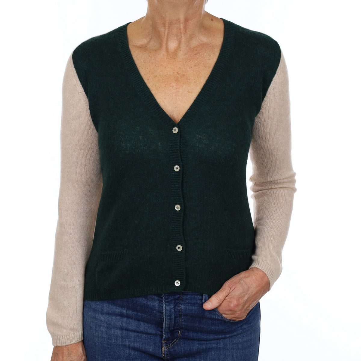 Bottle Green and Oatmeal Cashmere V Neck Cardigan Medium