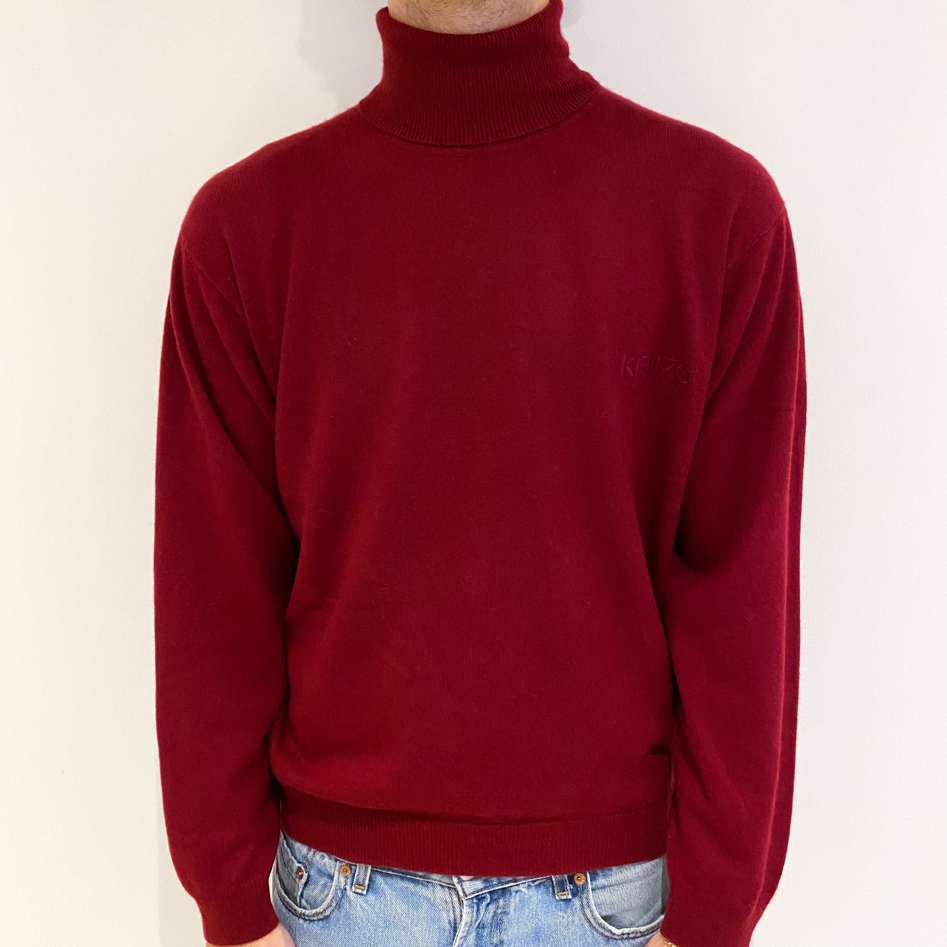 Men's Kenzo Golf Burgundy Red Cashmere Polo Neck Jumper Large