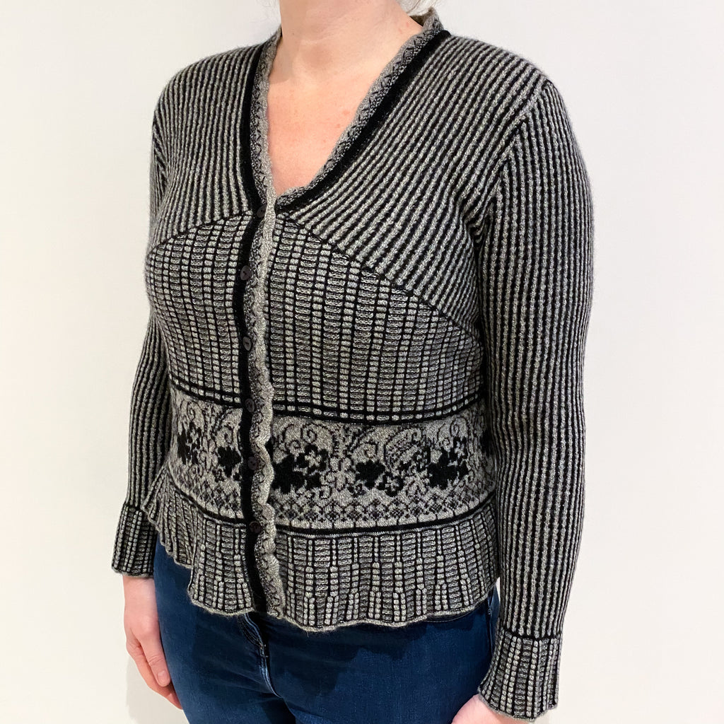 Black and Grey Patterned Cashmere V Neck Cardigan Large