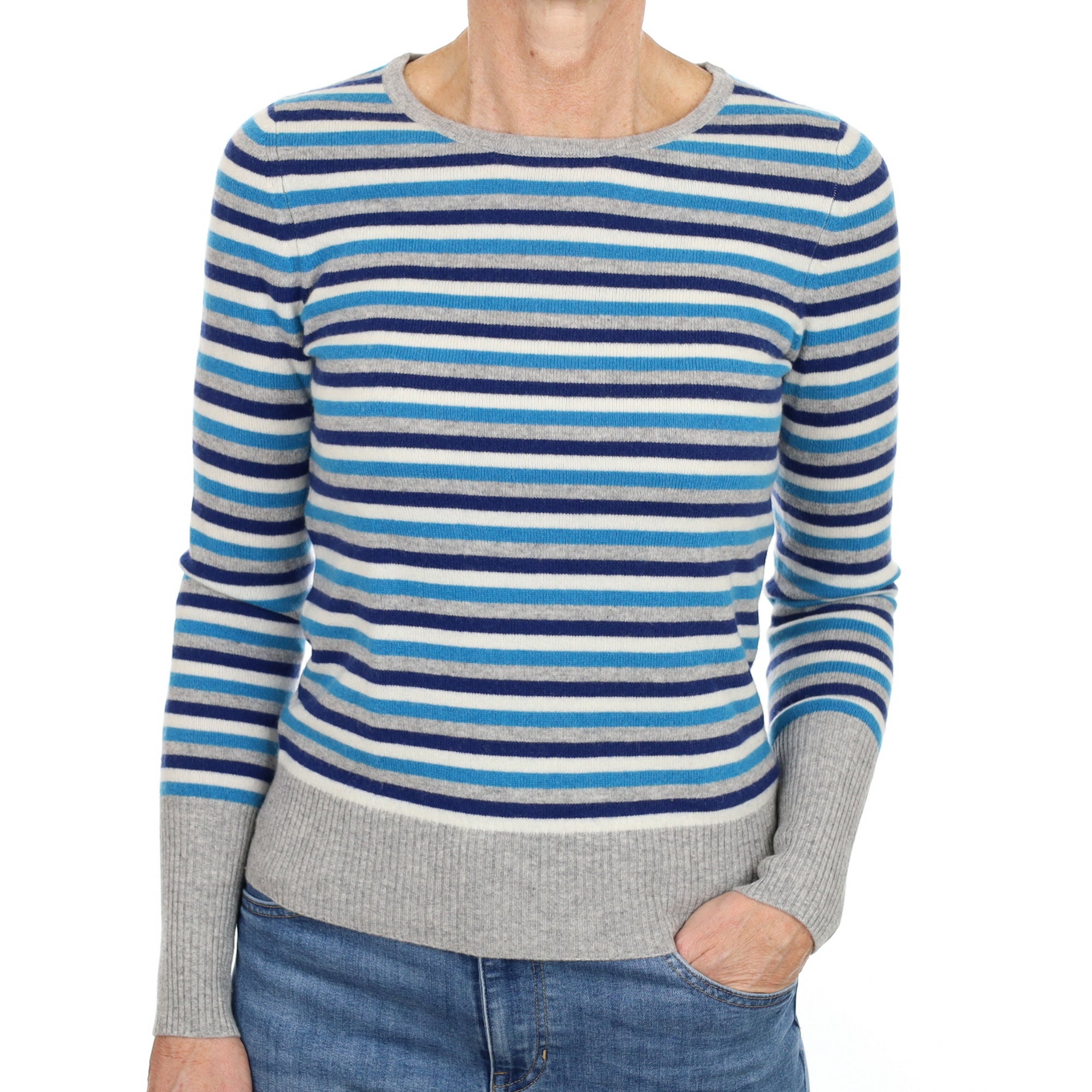 New Jaeger Grey and Blue Striped Cashmere Crew Neck Small