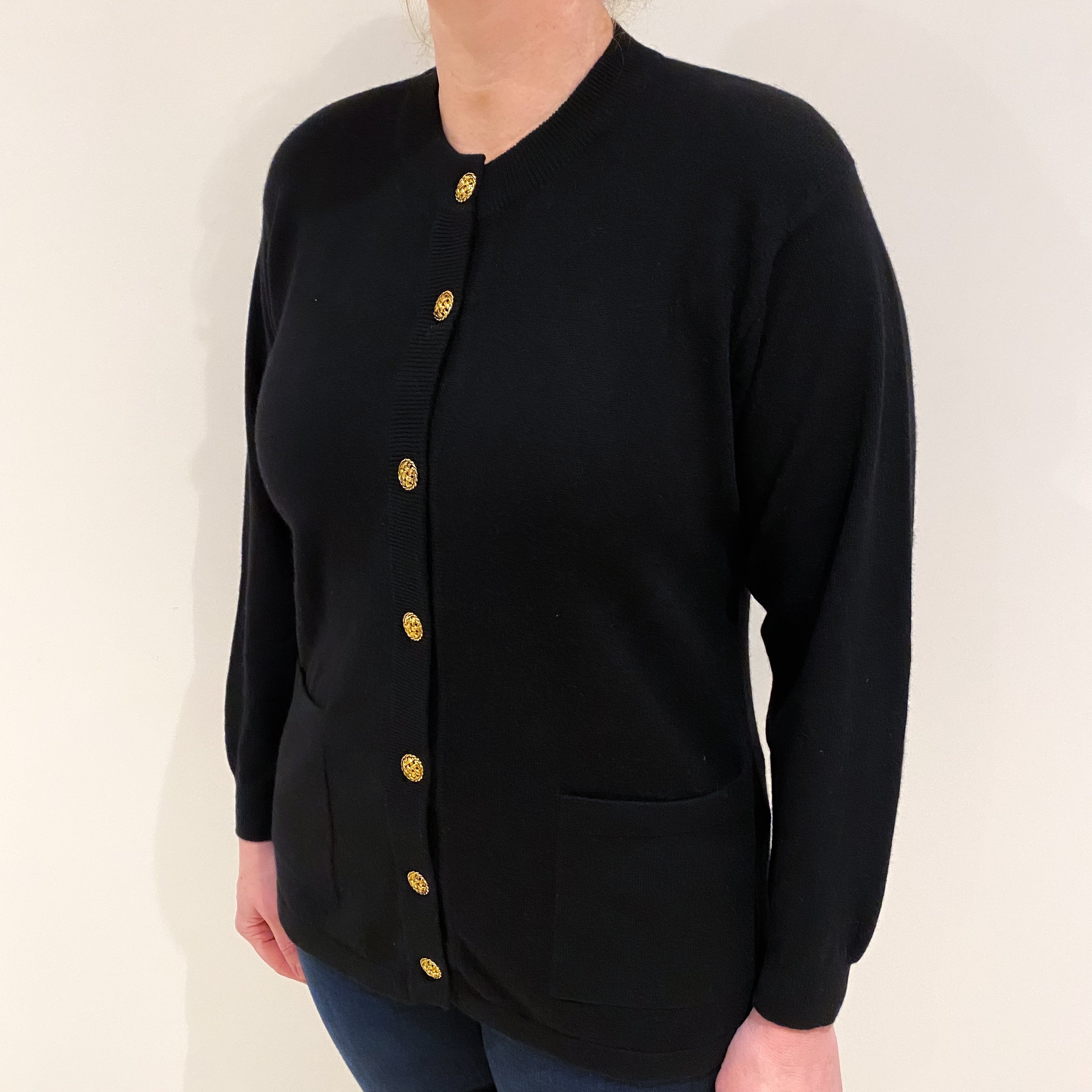 Black Cashmere Crew Neck Cardigan with Pockets Large