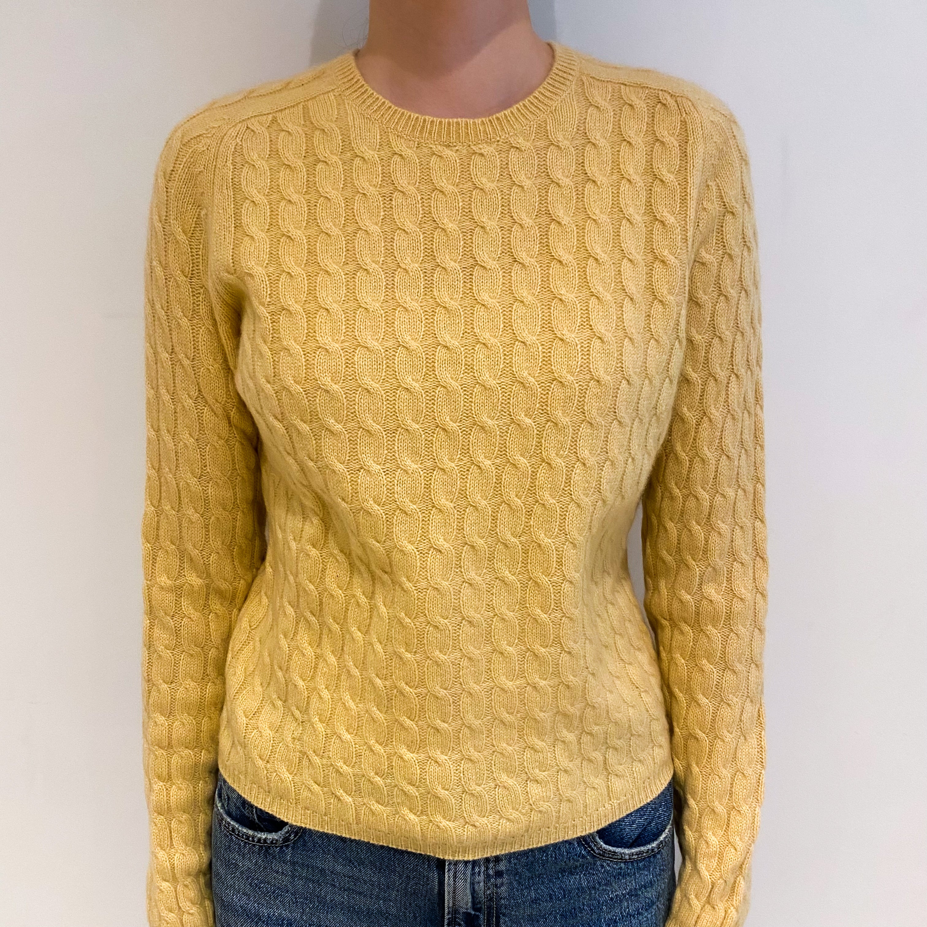 Mustard Yellow Cashmere Crew Neck Cable Knit Jumper Extra Small