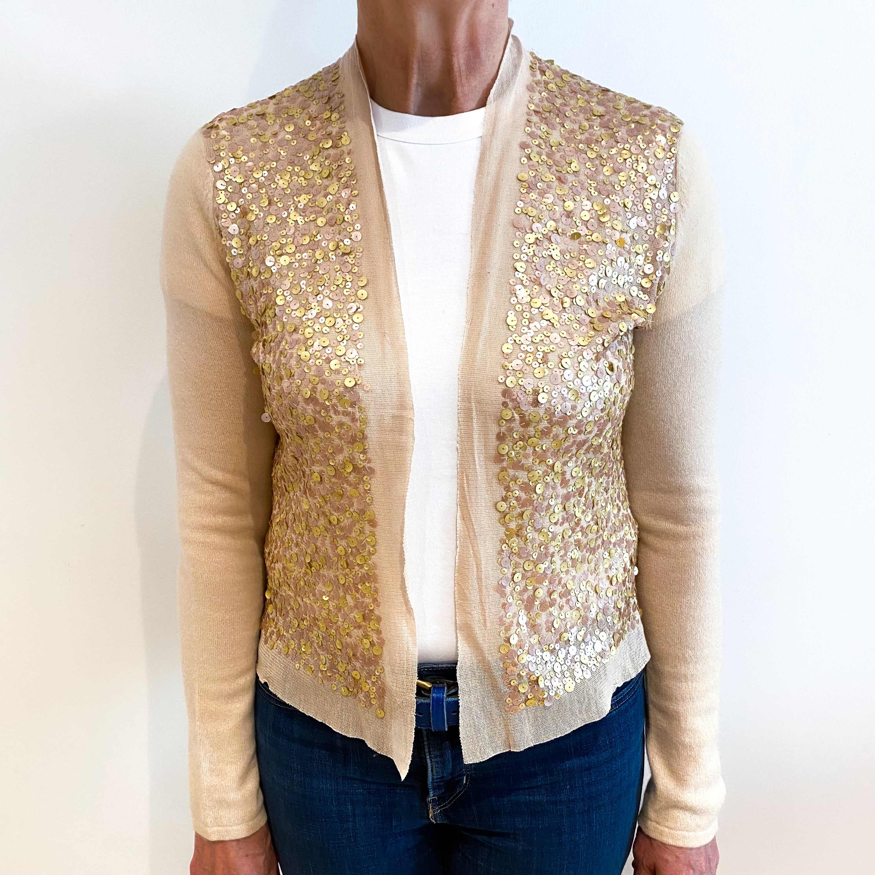Beige Sequinned Cashmere Edge To Edge Cardigan Medium
