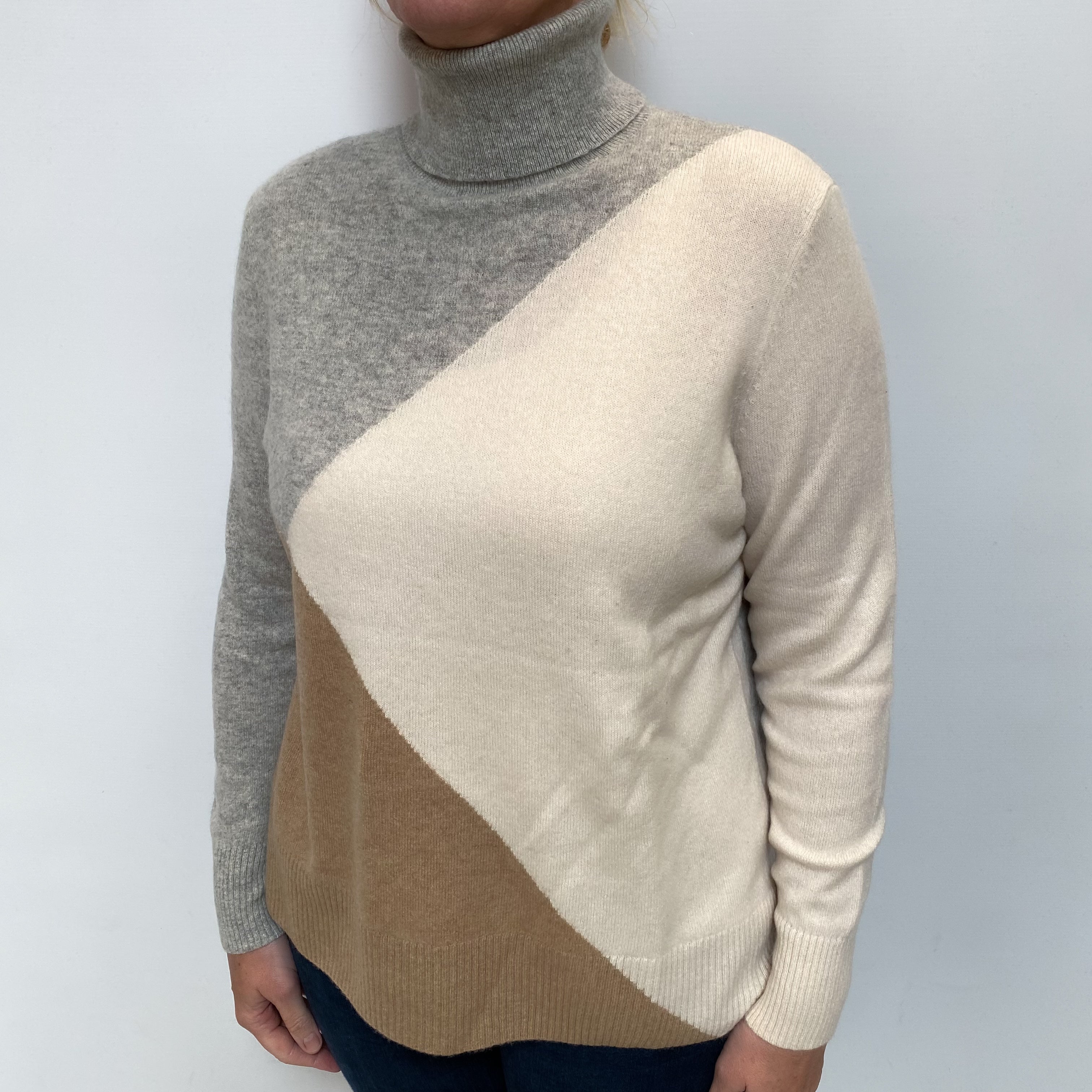 Smoke Grey Colour Block Cashmere Polo Neck Jumper Large