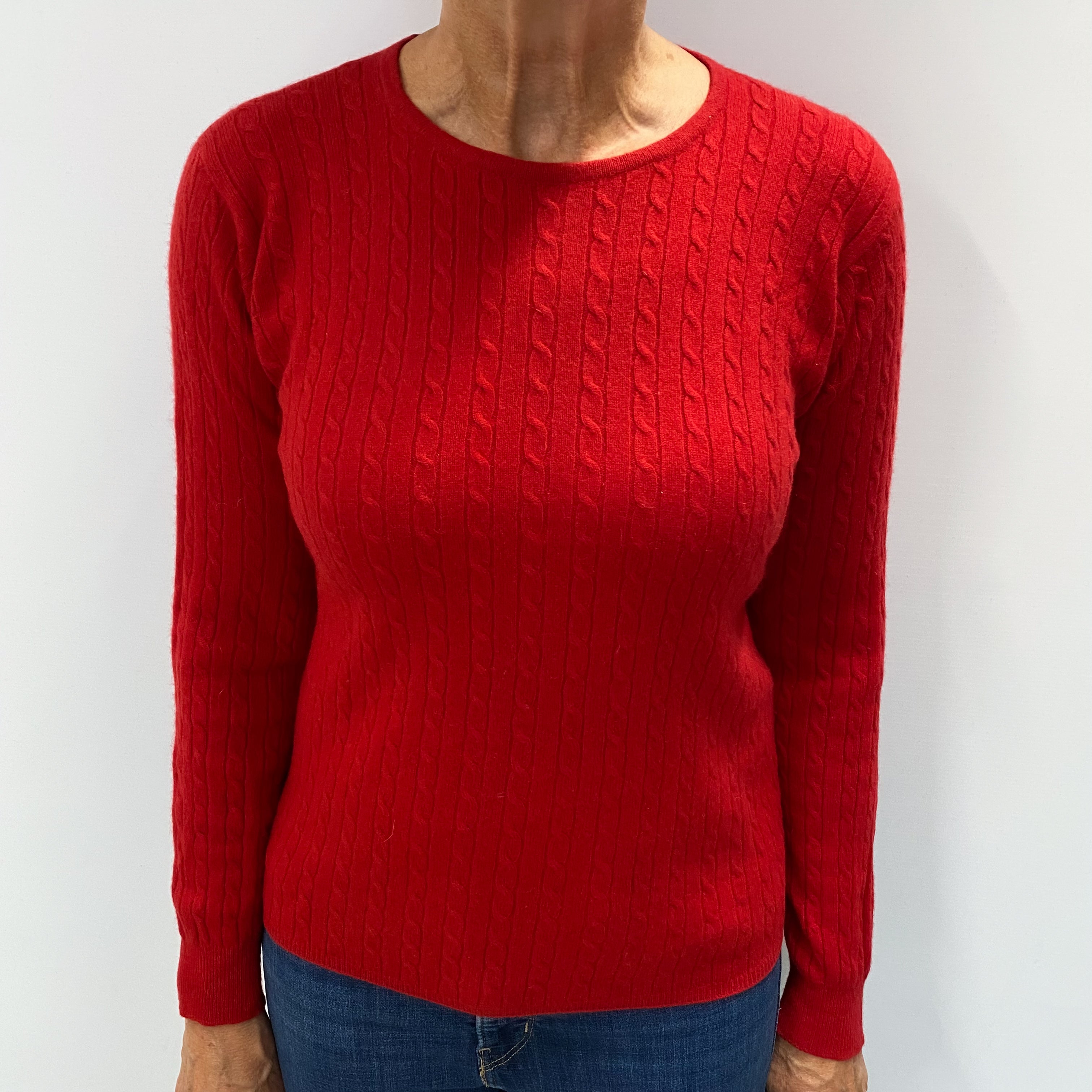 Scarlet Red Cashmere Crew Neck Cable Knit Jumper Medium