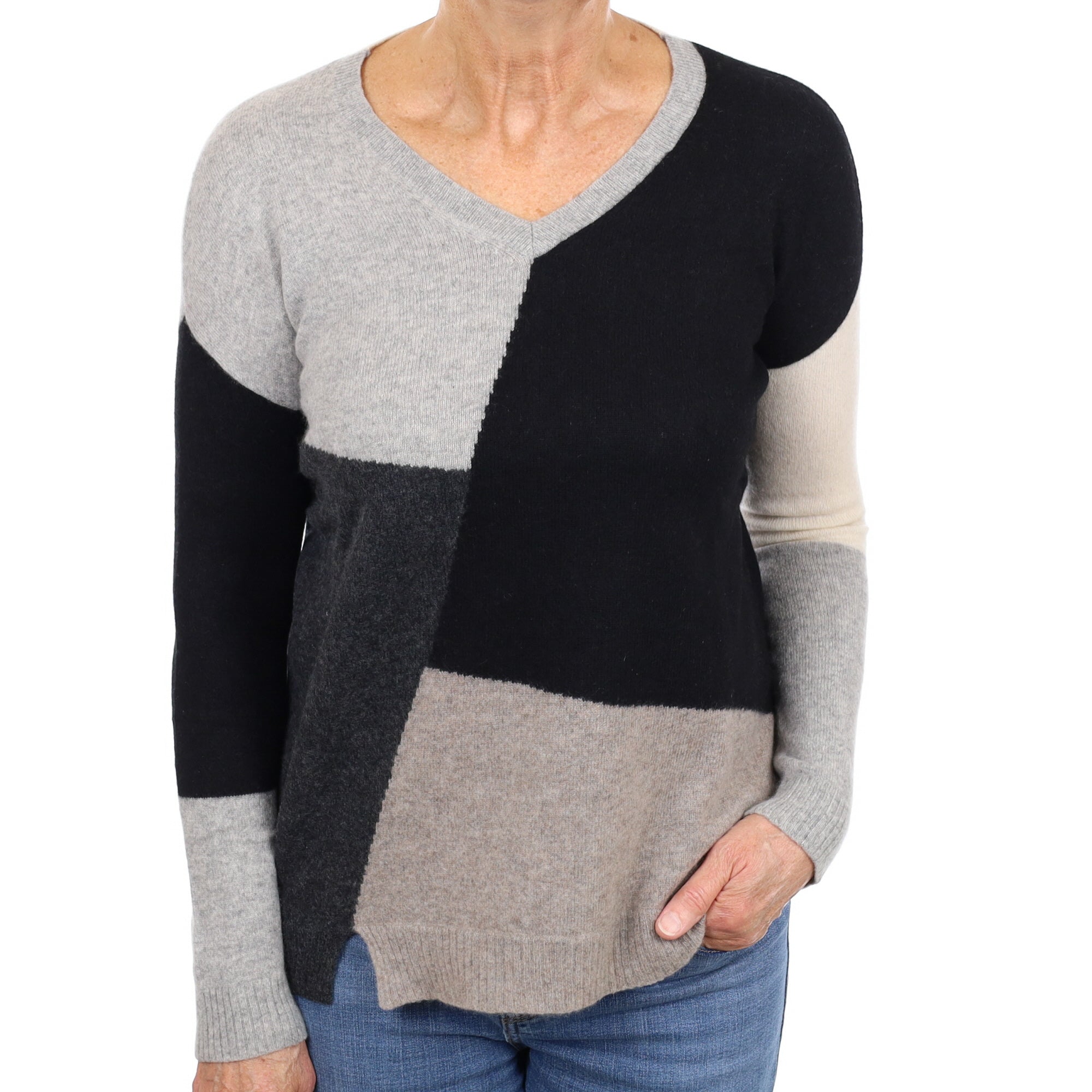 Grey Colour Block Cashmere V Neck Jumper Medium
