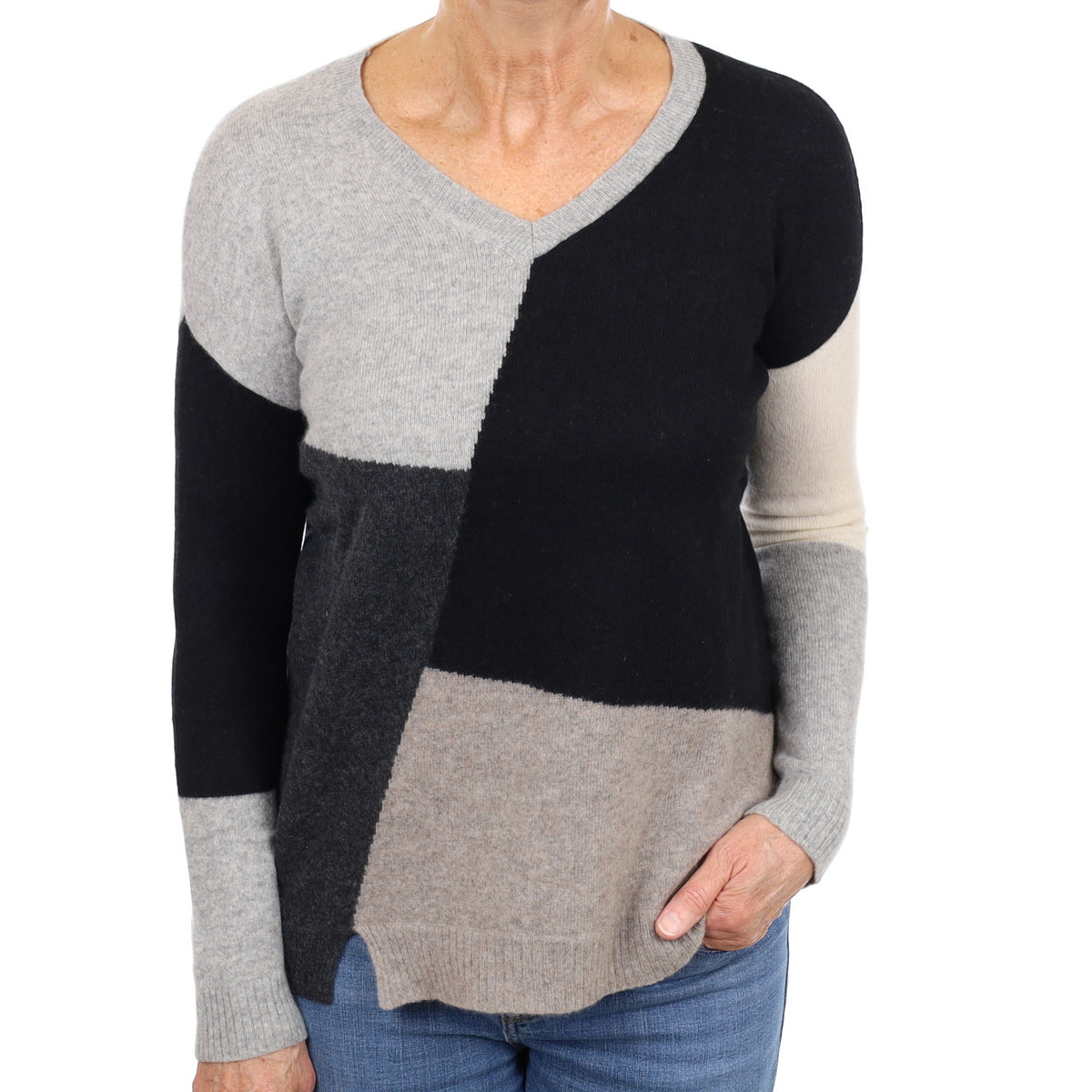 Grey Colour Block Cashmere V Neck Jumper Medium