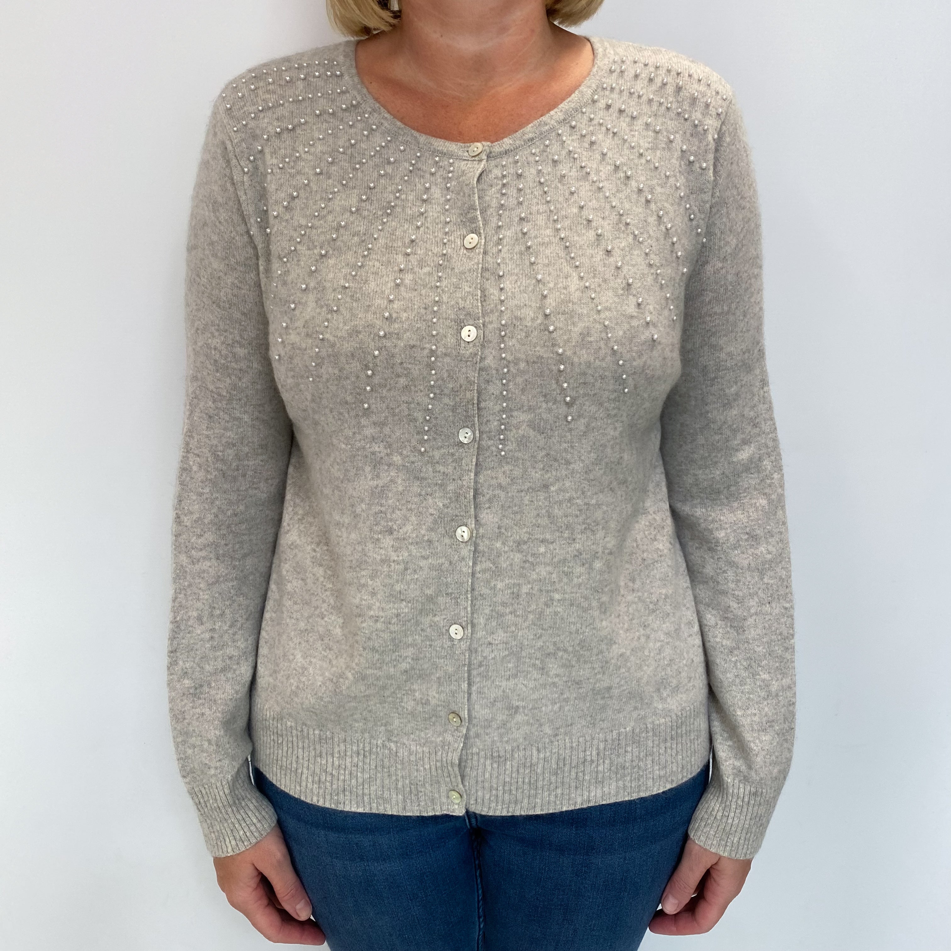 Mist Grey Cashmere Crew Neck Cardigan Large