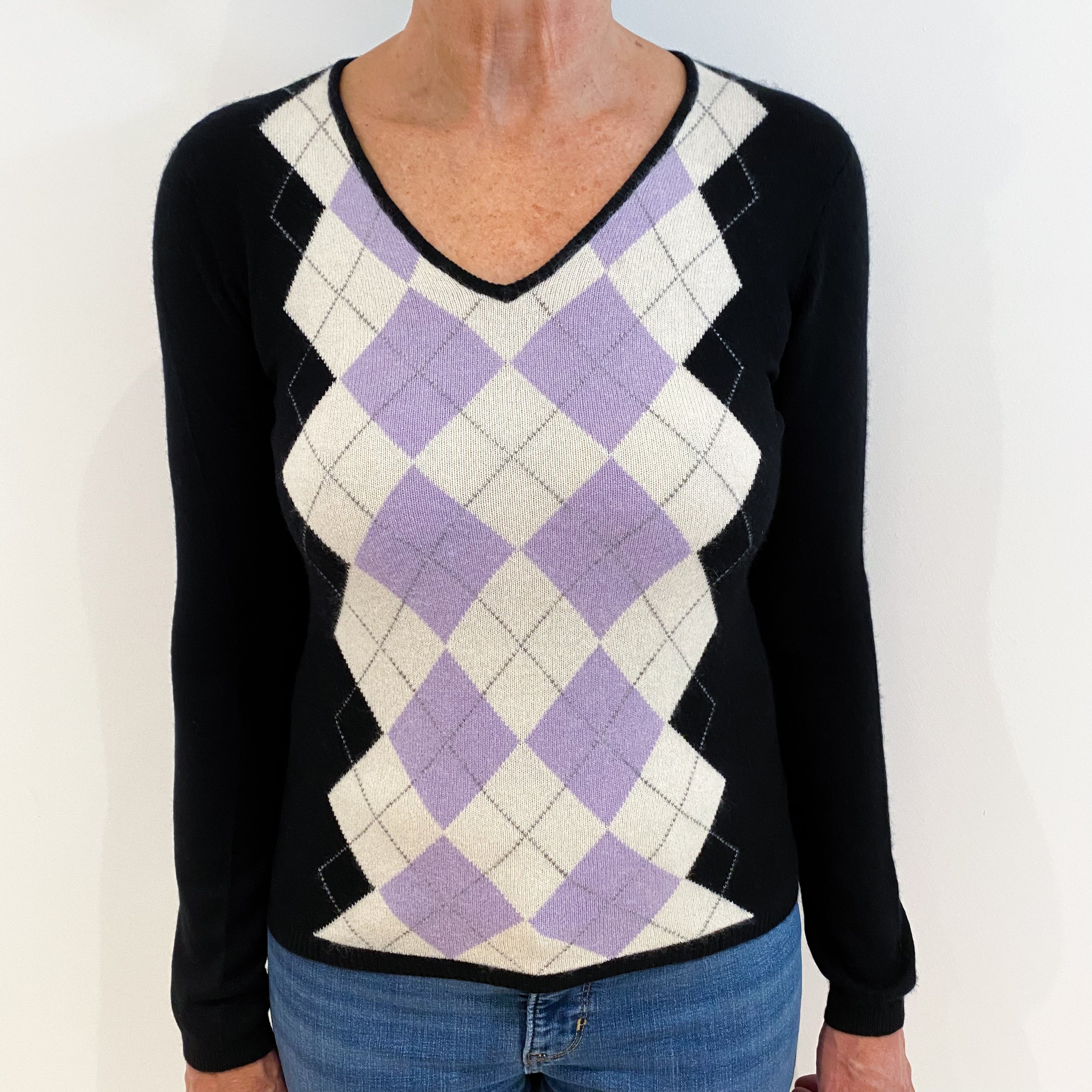 Black Cream Purple Argyle Cashmere V-Neck Jumper Medium