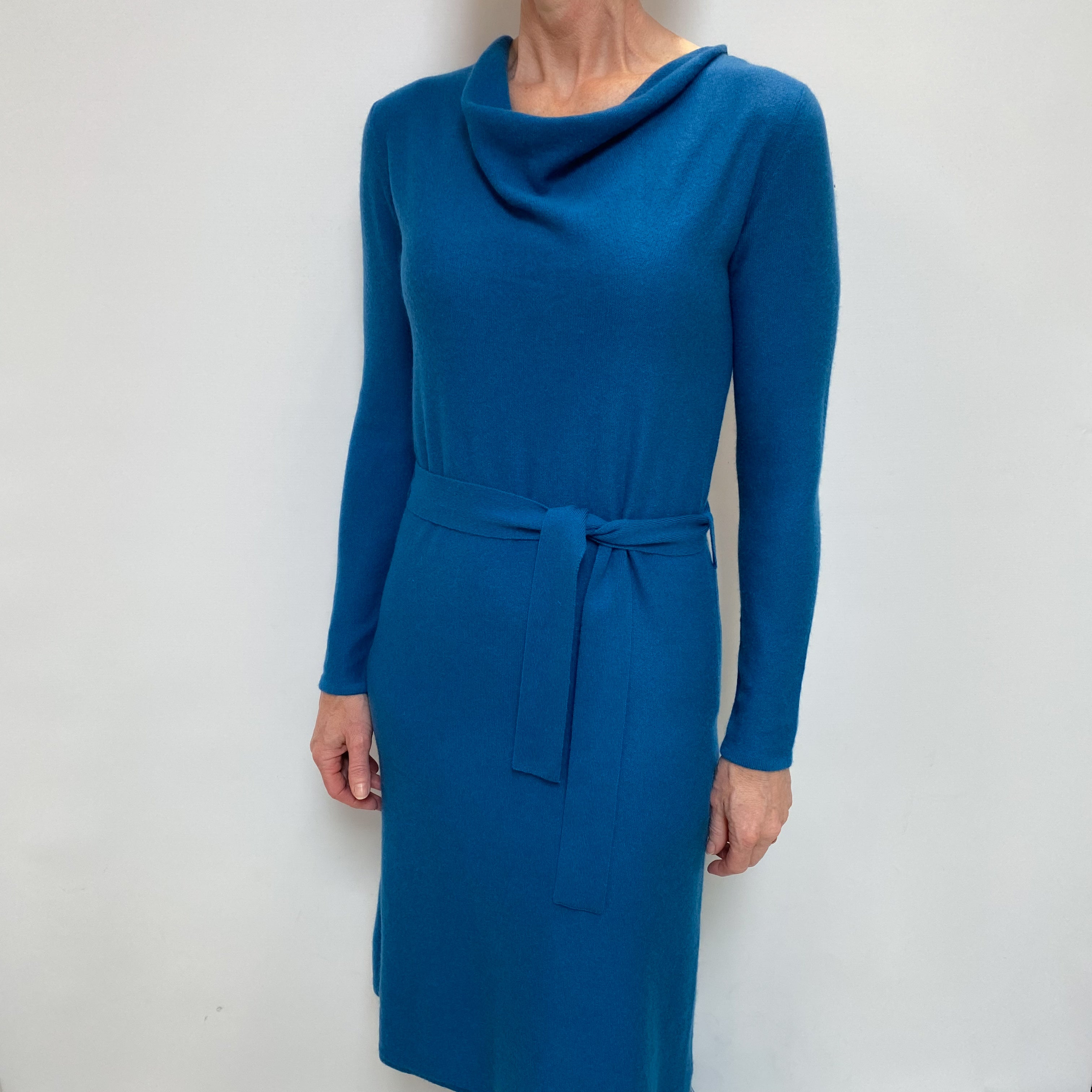 Teal Blue Cashmere Slouchy Slash Neck Dress Small