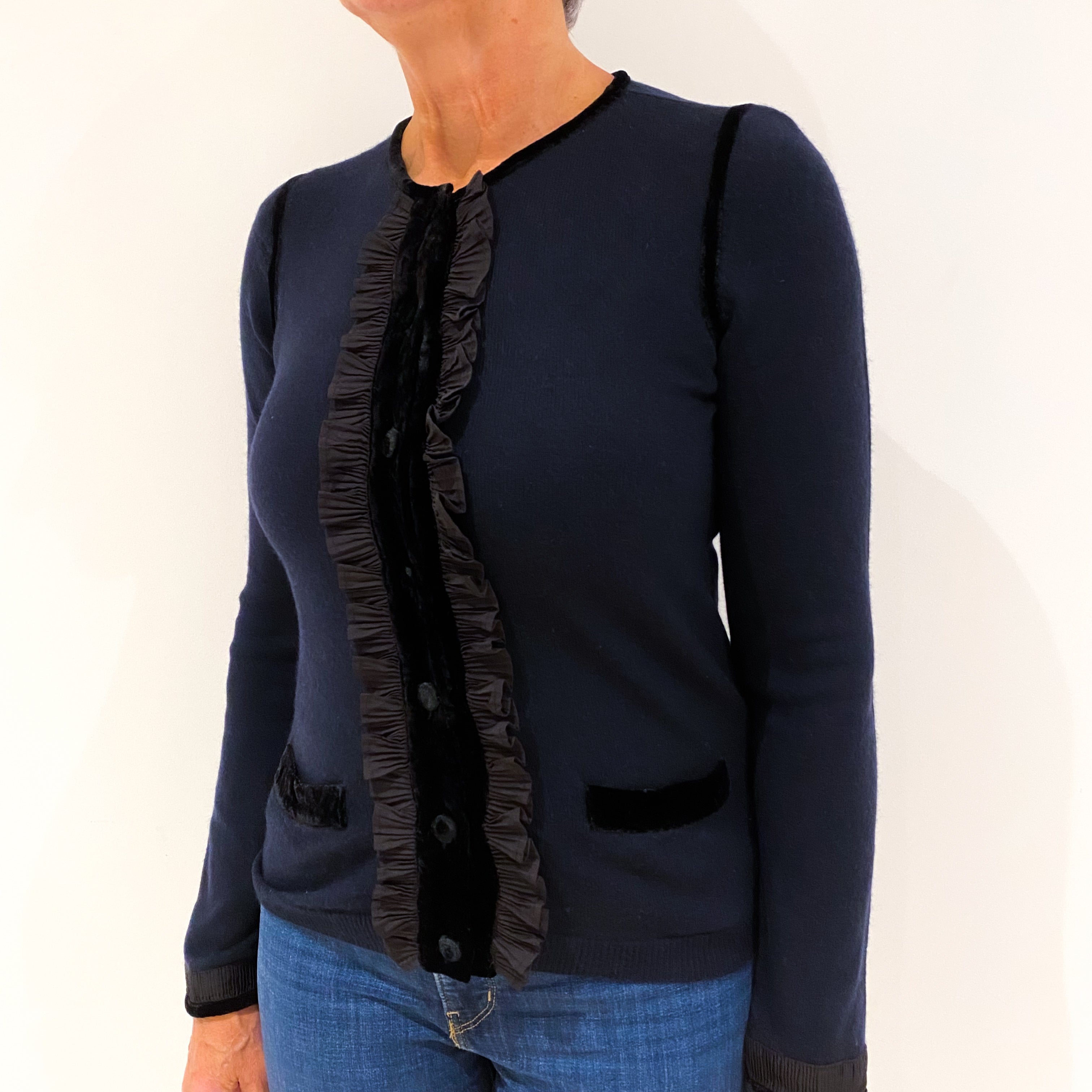 Navy Blue Ruffle Front Cashmere Crew Neck Cardigan Medium