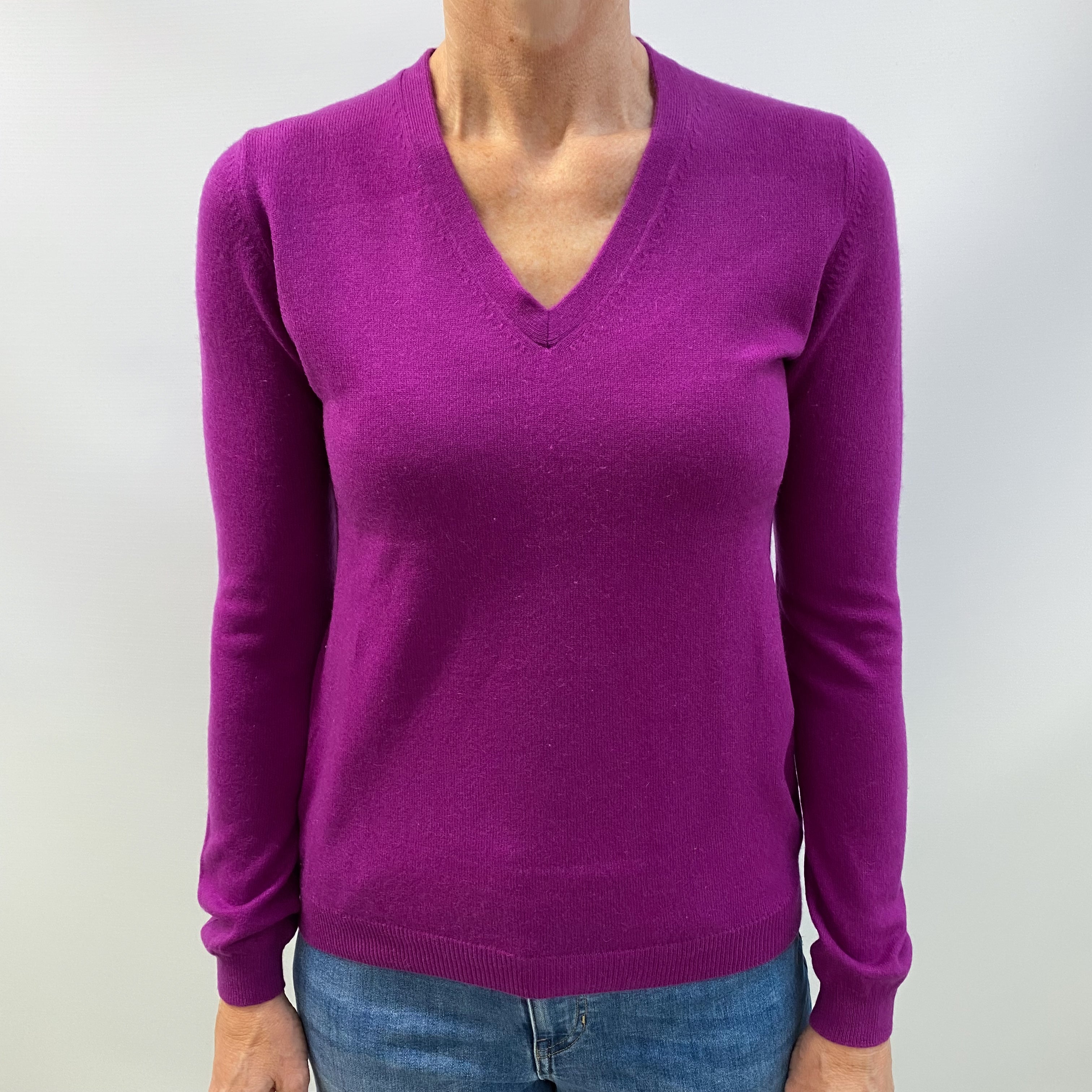 Magenta Purple Cashmere V Neck Jumper Small