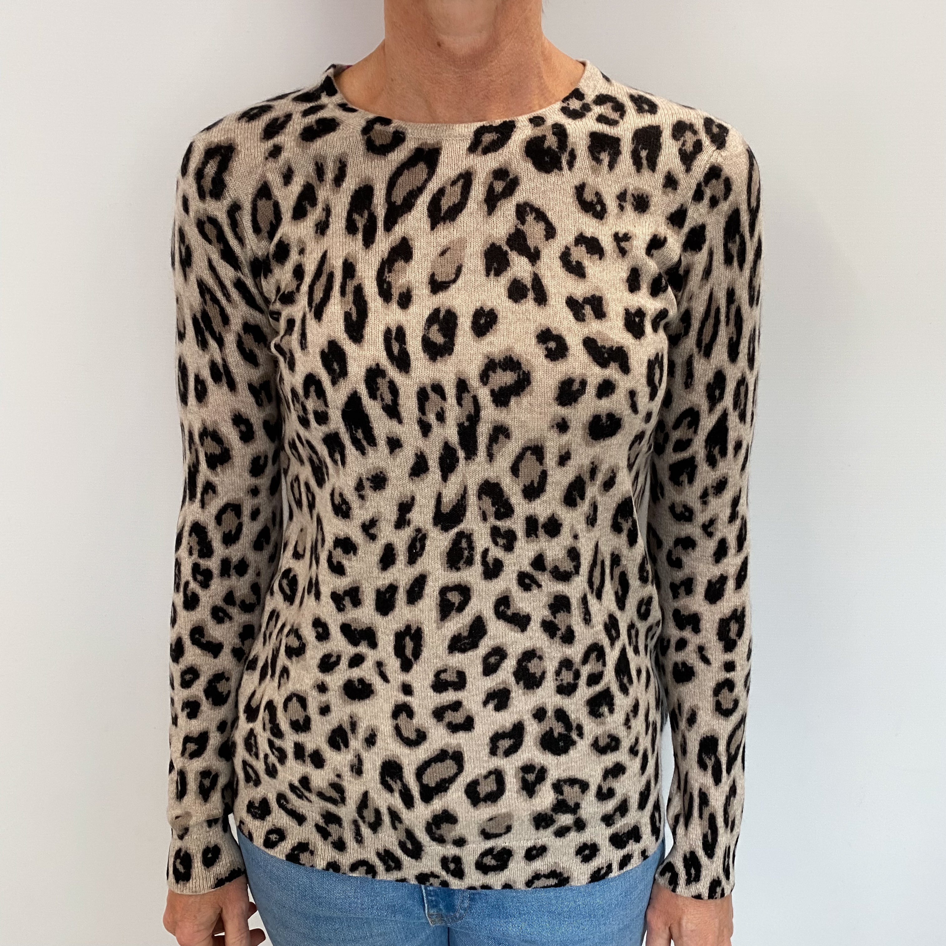 Cream Animal Print Cashmere Crew Neck Jumper Small