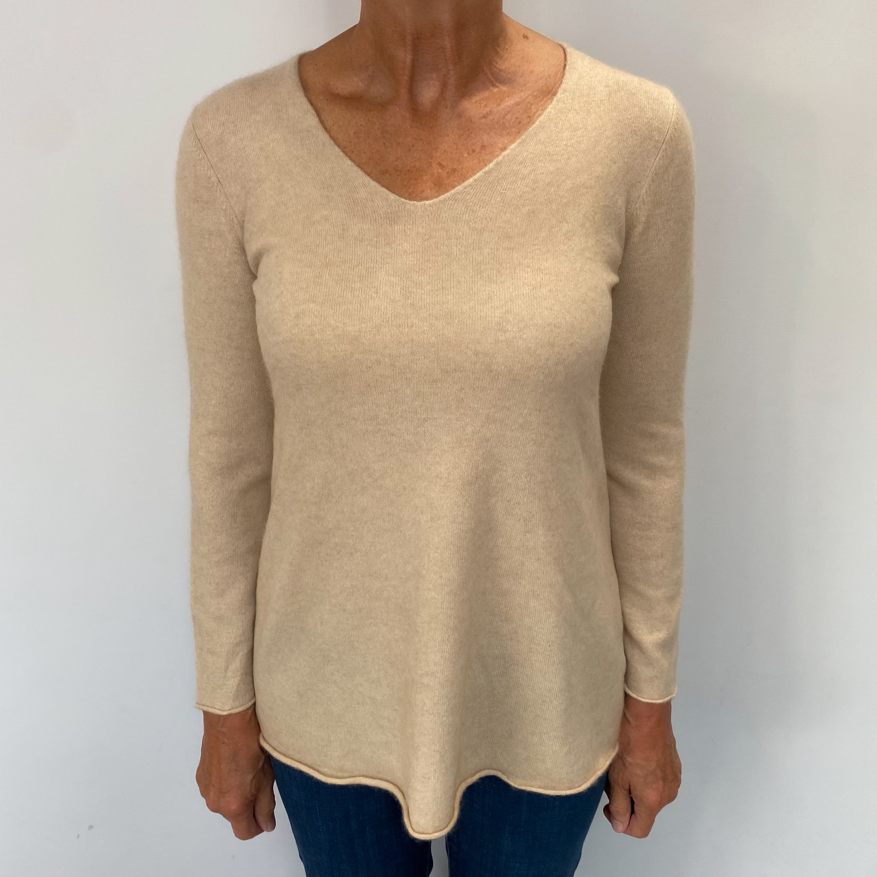 Honey Beige Cashmere V Neck Jumper Medium