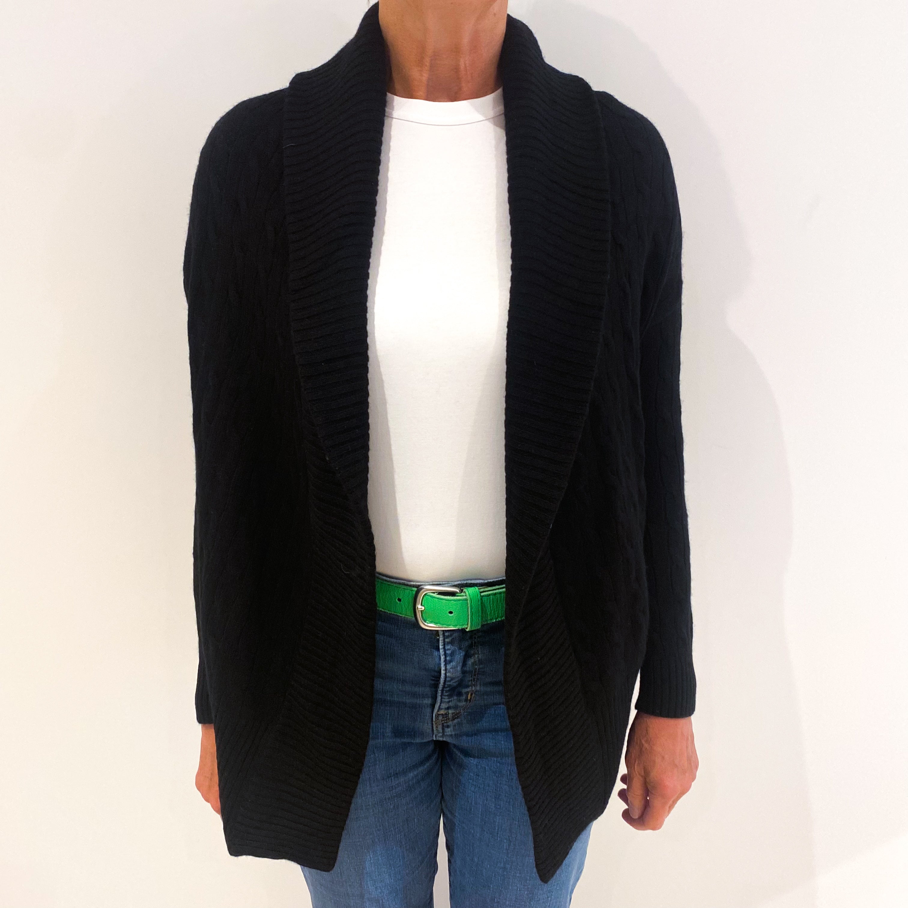 Ralph Lauren Black Chunky Cable Knit Cashmere Edge To Edge Cardigan Medium